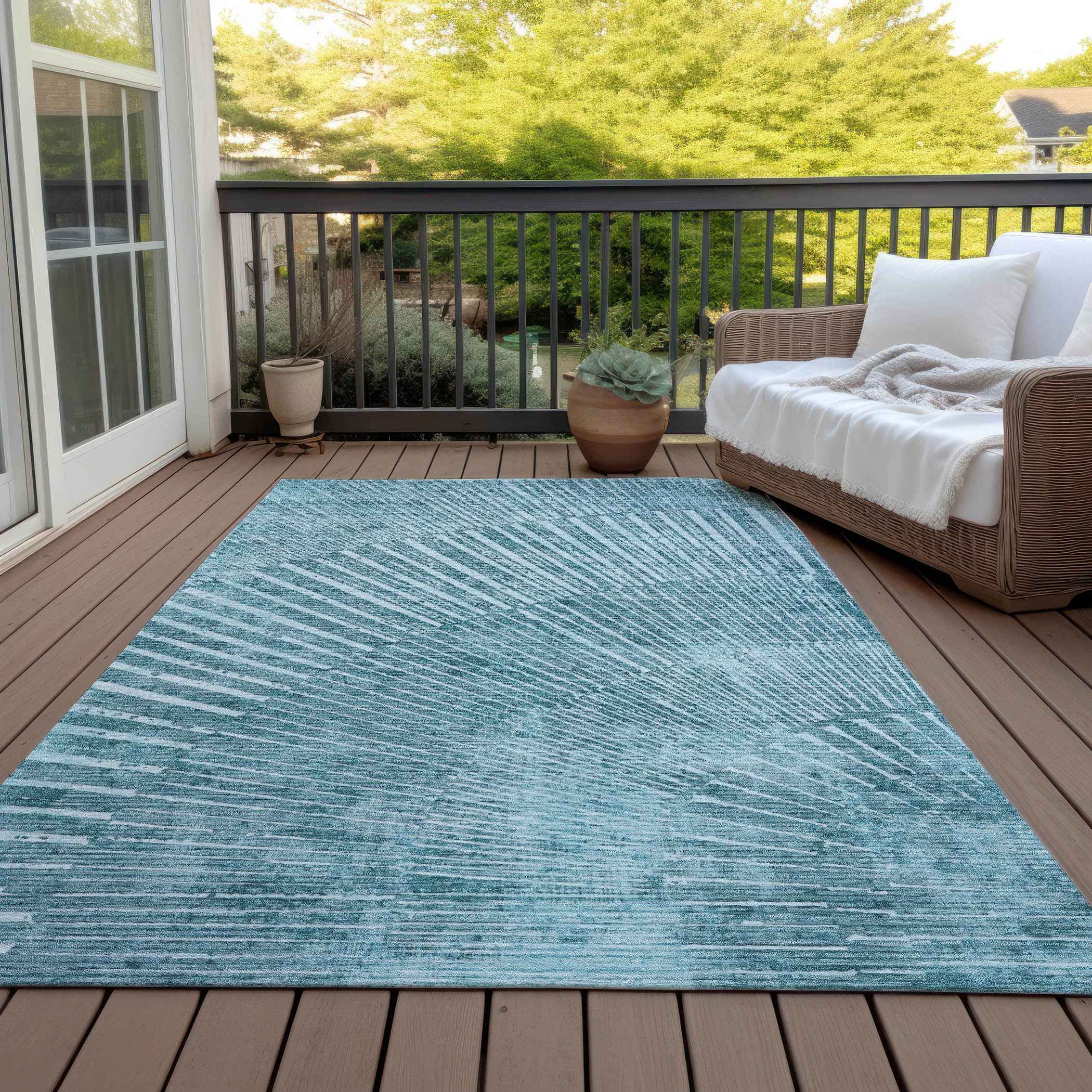 9' X 12' Teal Abstract Washable Non Skid Indoor Outdoor Area Rug