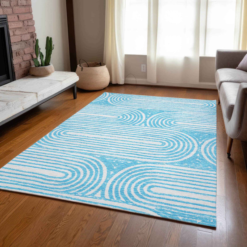 8' X 10' Teal and White Abstract Washable Non Skid Indoor Outdoor Area Rug