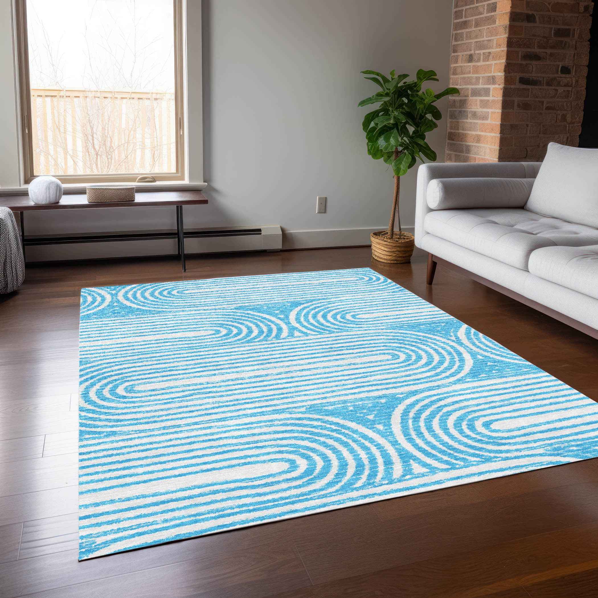 8' X 10' Teal and White Abstract Washable Non Skid Indoor Outdoor Area Rug