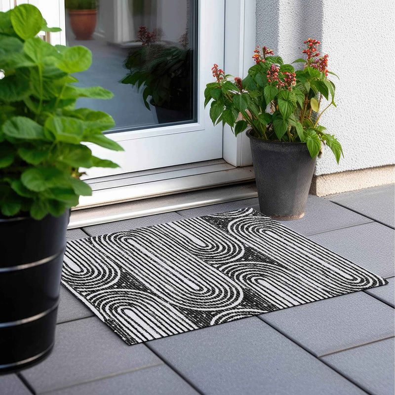 2' X 3' Black and White Abstract Washable Non Skid Indoor Outdoor Area Rug