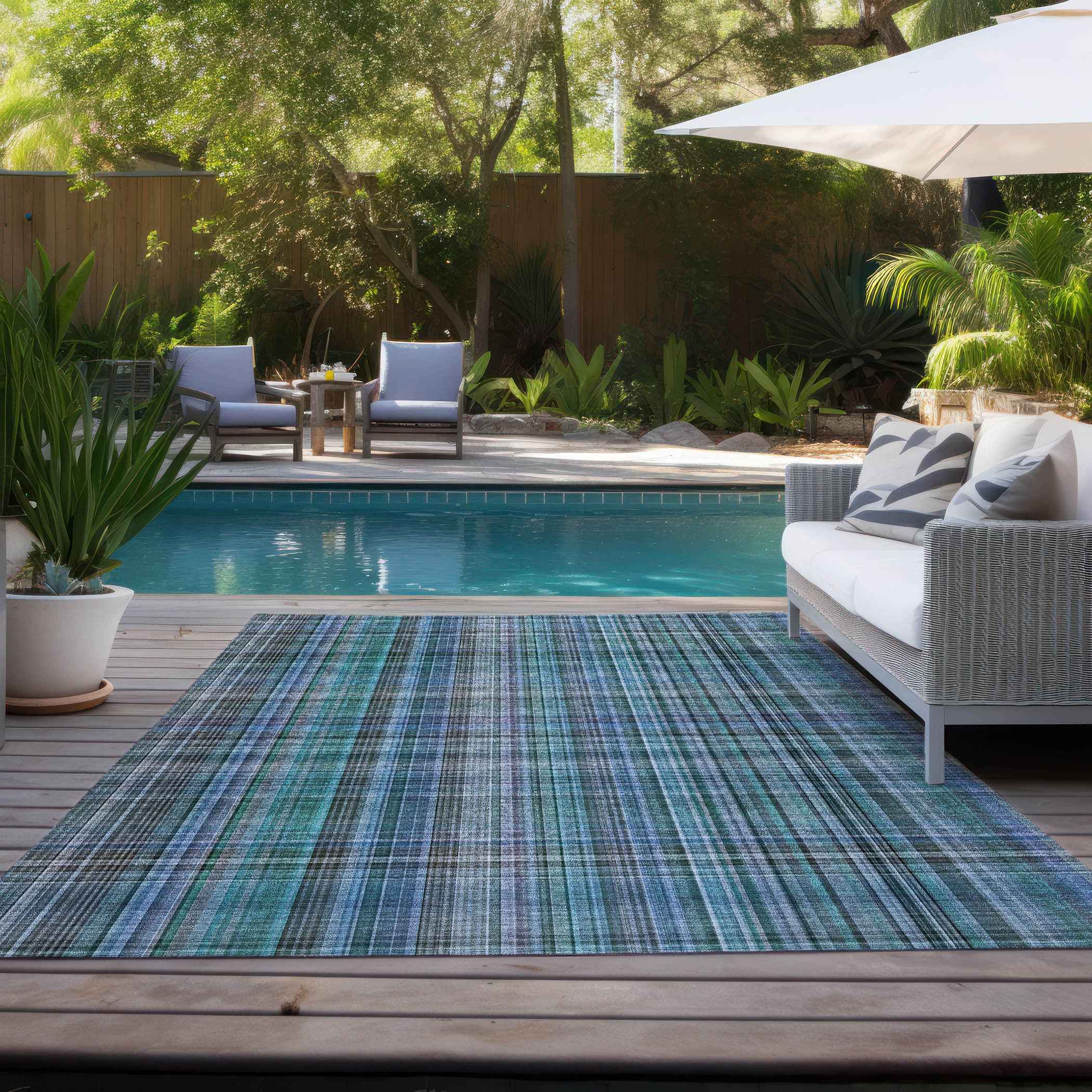8' X 10' Blue Teal and Gray Plaid Washable Non Skid Indoor Outdoor Area Rug