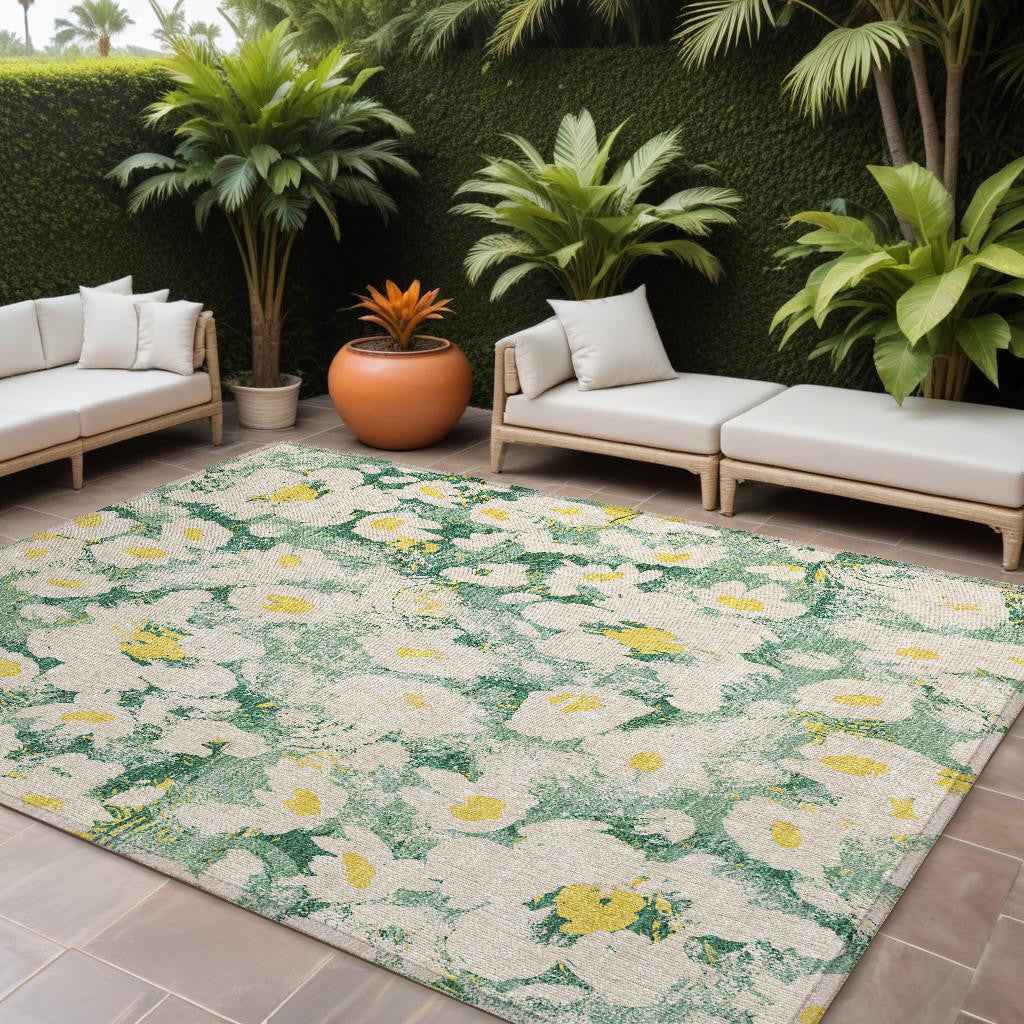 8' X 10' Green Floral Washable Non Skid Indoor Outdoor Area Rug
