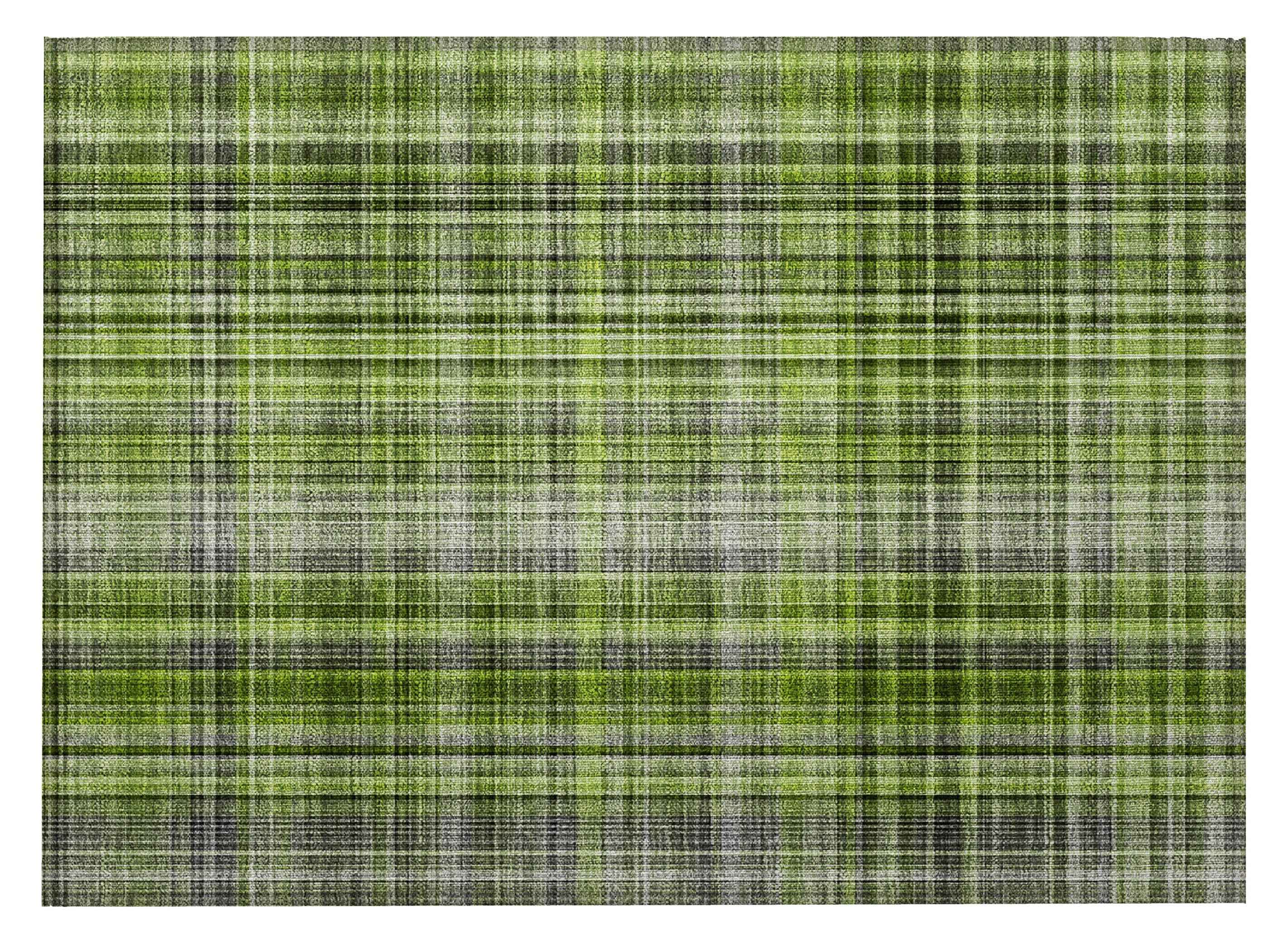 2' X 3' Green Black and Gray Plaid Washable Non Skid Indoor Outdoor Area Rug