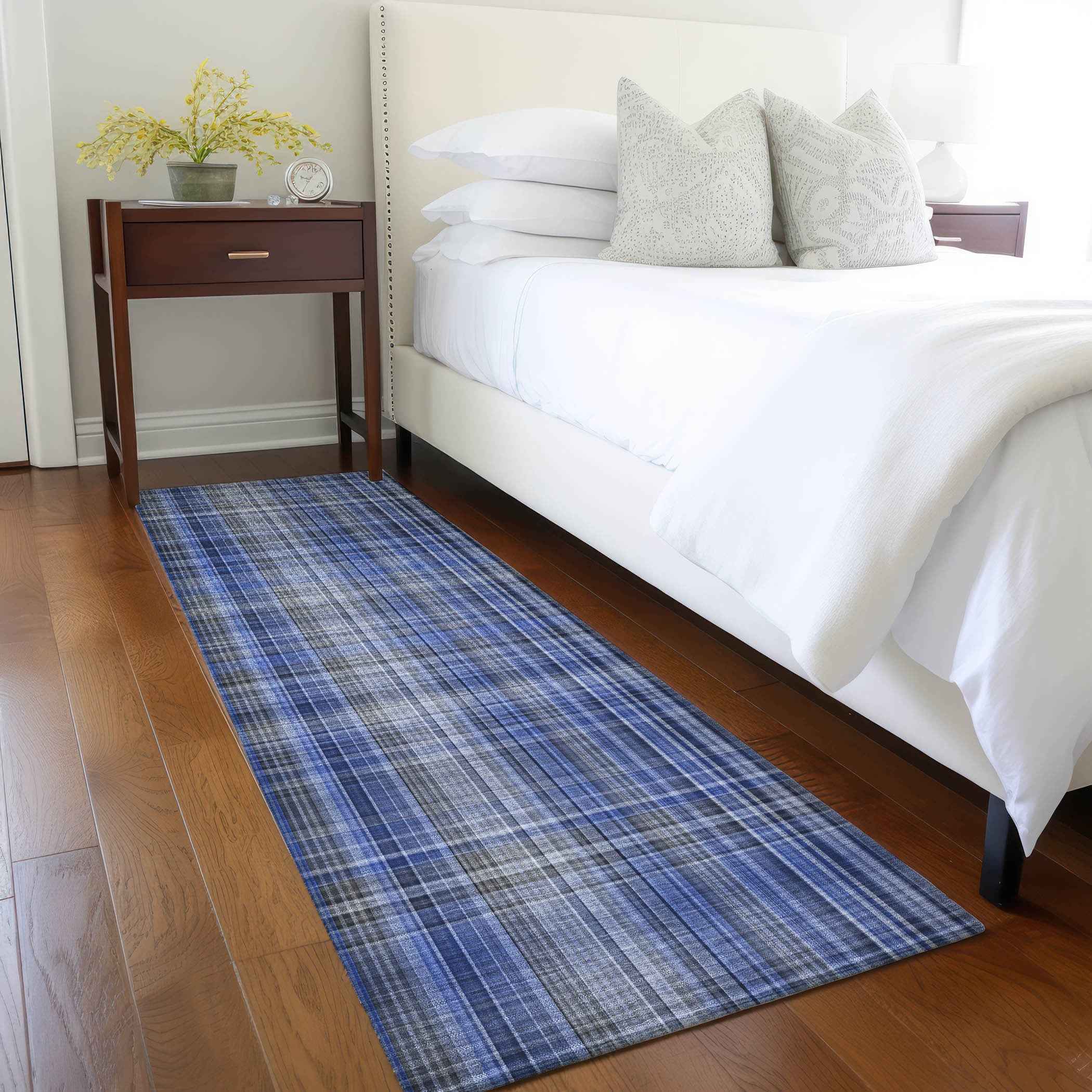8' Runner Navy Blue Plaid Washable Non Skid Indoor Outdoor Runner Rug