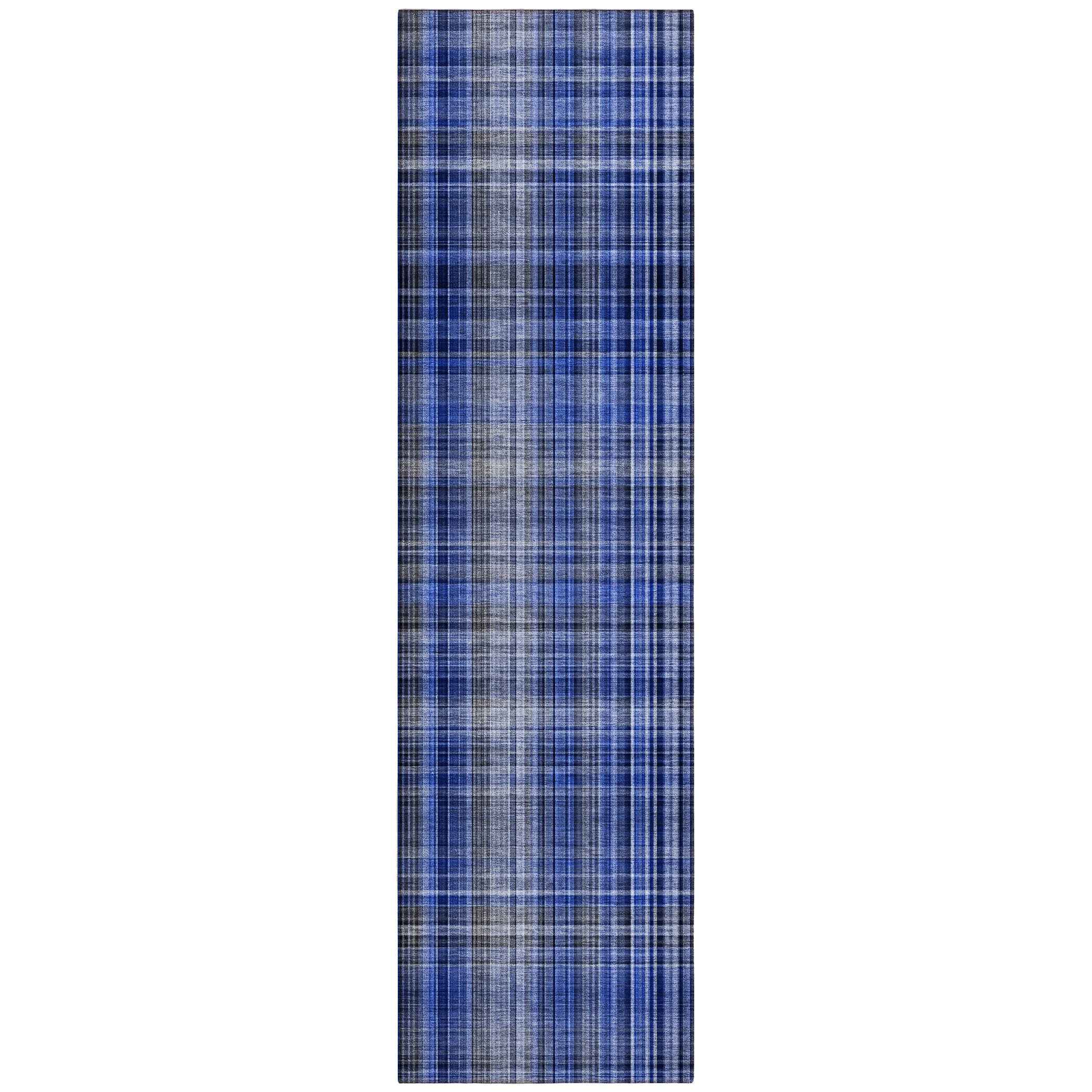 8' Runner Navy Blue Plaid Washable Non Skid Indoor Outdoor Runner Rug