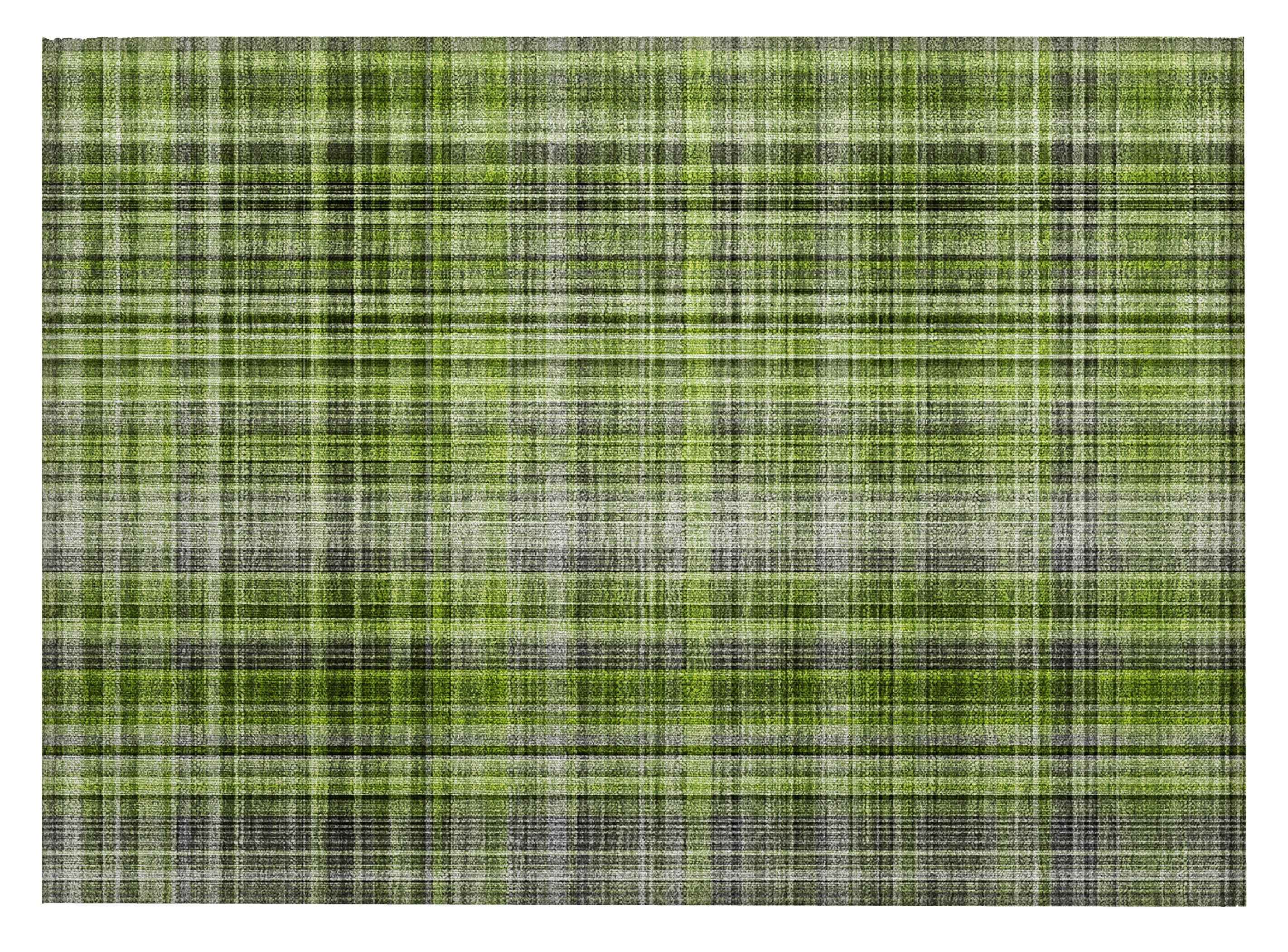 2' X 3' Green Black and Gray Plaid Washable Non Skid Indoor Outdoor Area Rug