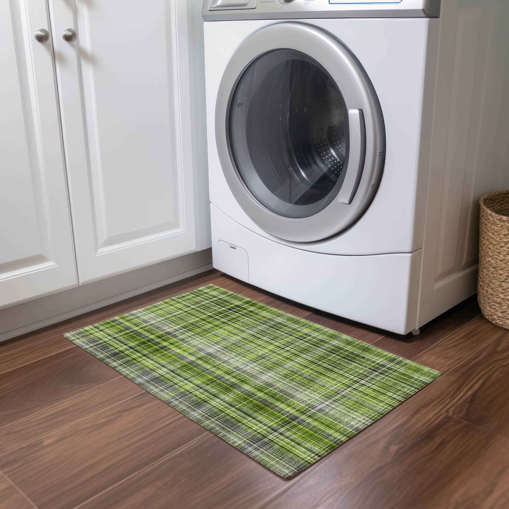 2' X 3' Green Black and Gray Plaid Washable Non Skid Indoor Outdoor Area Rug