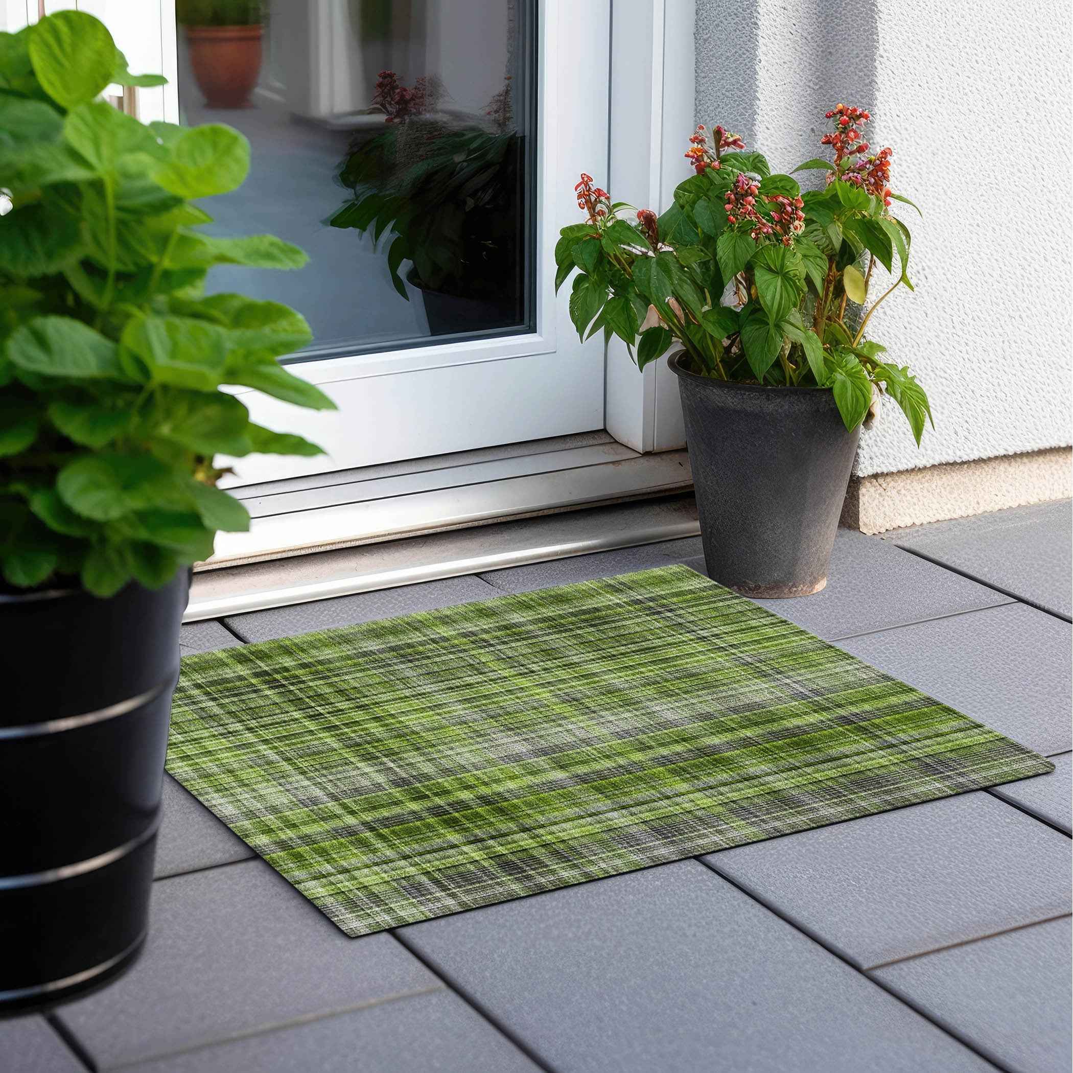 2' X 3' Green Black and Gray Plaid Washable Non Skid Indoor Outdoor Area Rug