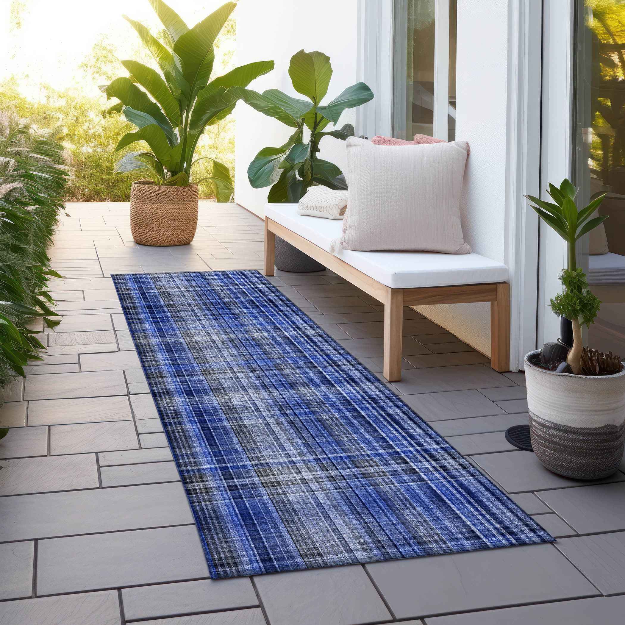 8' Runner Navy Blue Plaid Washable Non Skid Indoor Outdoor Runner Rug