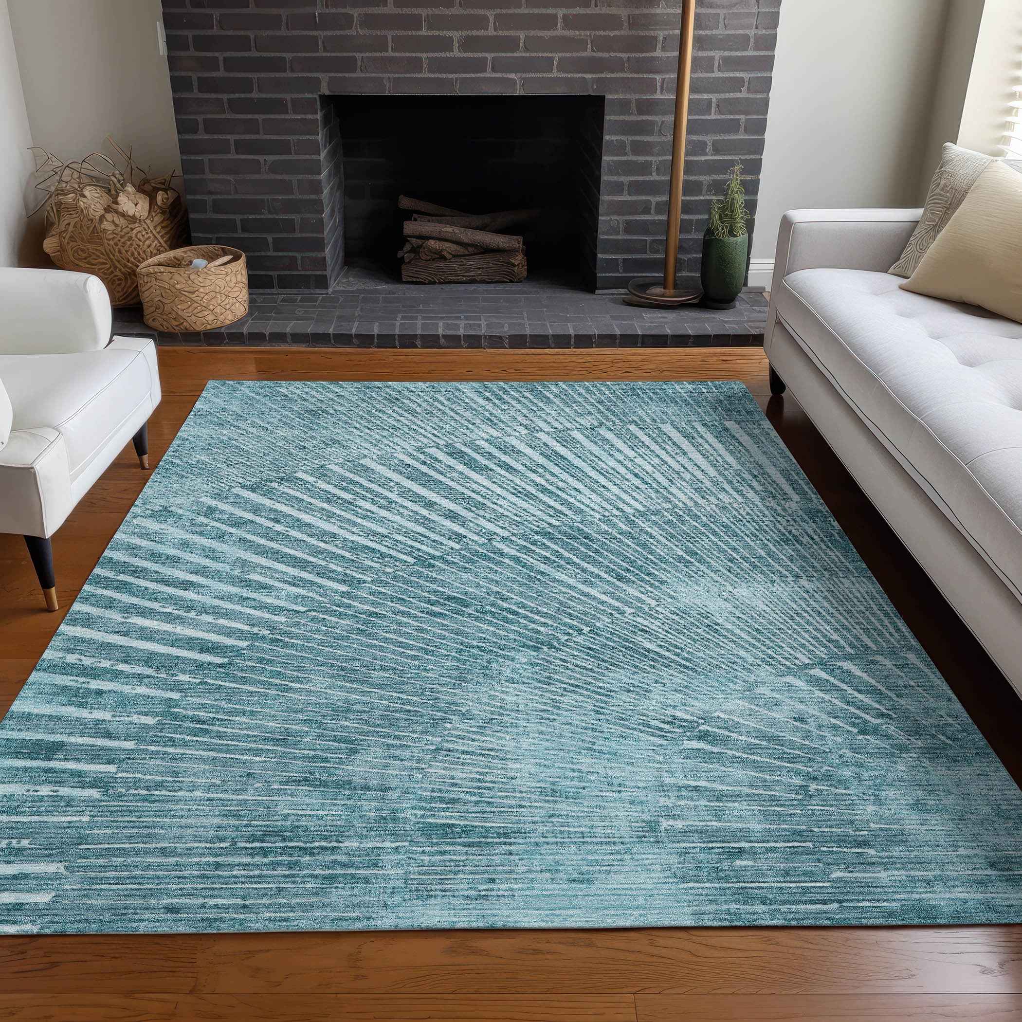 8' X 10' Teal Abstract Washable Non Skid Indoor Outdoor Area Rug