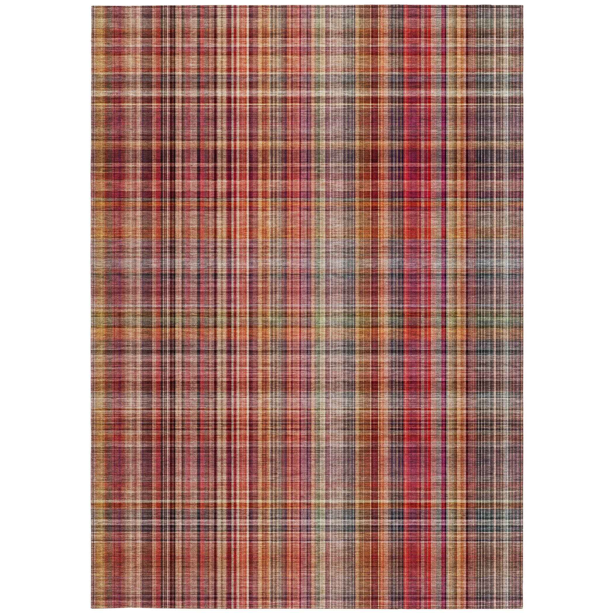 8' X 10' Red Plaid Washable Non Skid Indoor Outdoor Area Rug