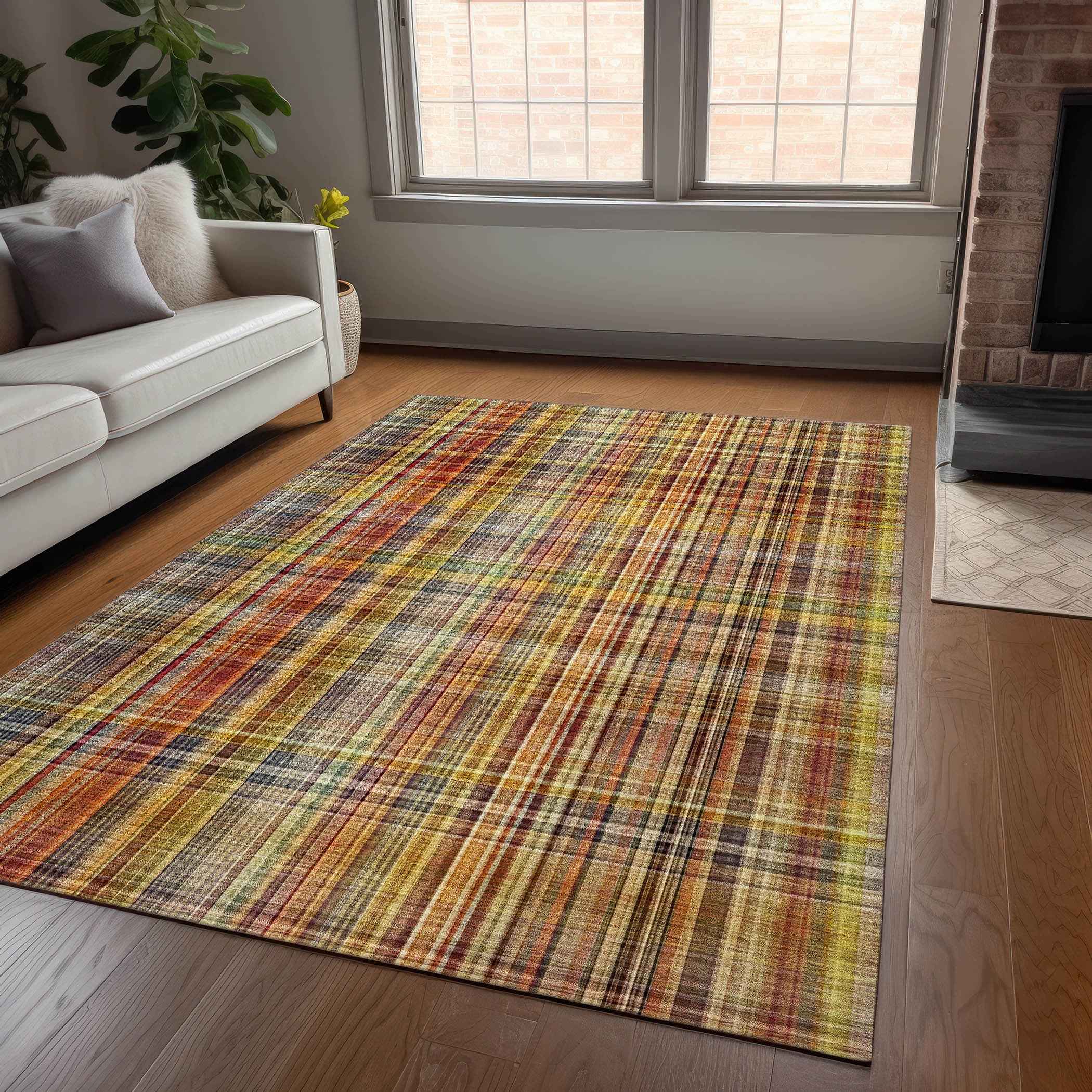3' X 5' Orange Plaid Washable Non Skid Indoor Outdoor Area Rug