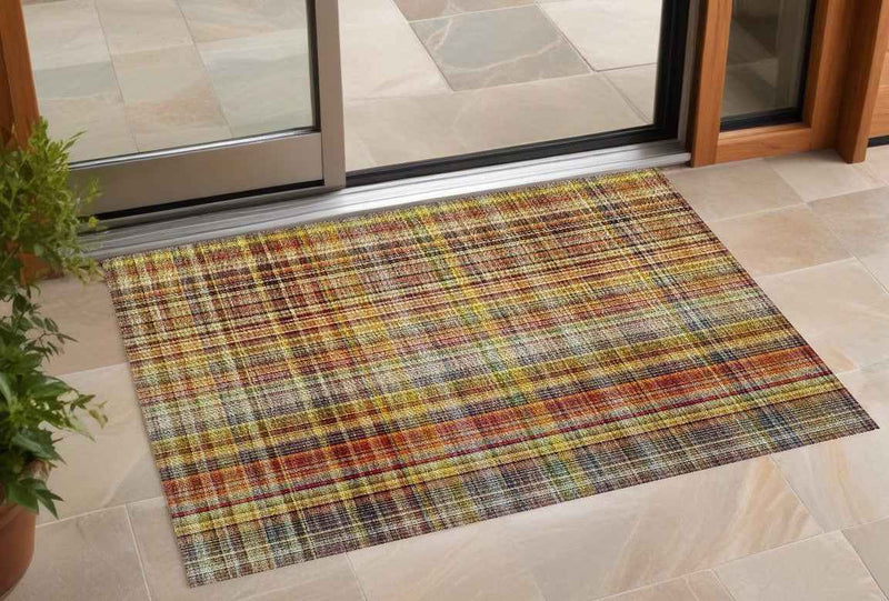 3' X 5' Orange Plaid Washable Non Skid Indoor Outdoor Area Rug