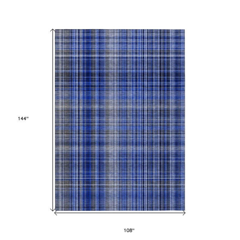 9' X 12' Navy Blue Plaid Washable Non Skid Indoor Outdoor Area Rug