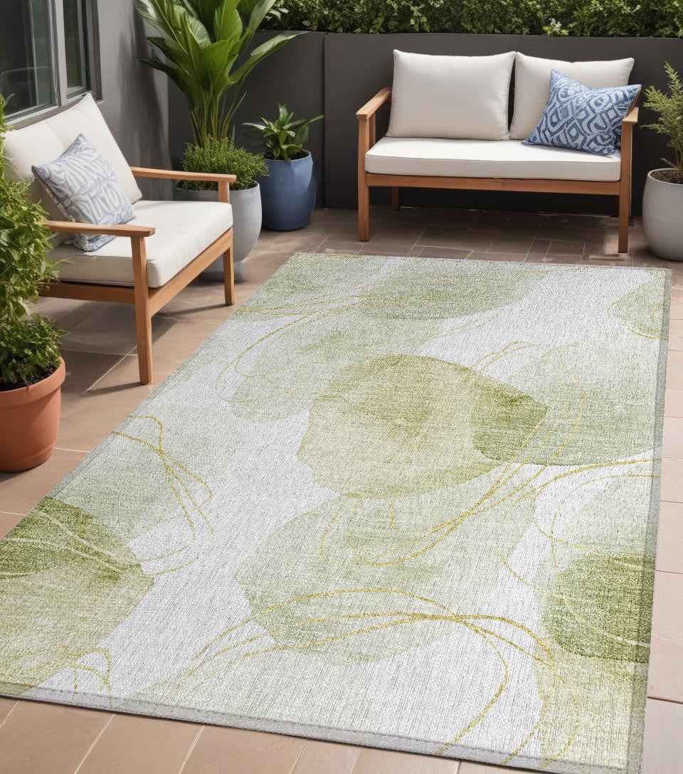 5' X 8' Green and Ivory Abstract Washable Non Skid Indoor Outdoor Area Rug