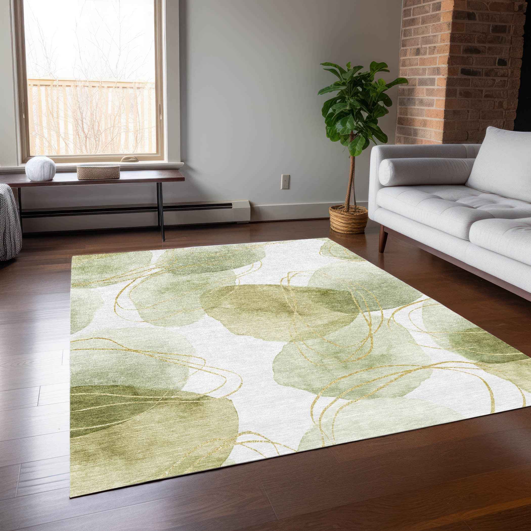 5' X 8' Green and Ivory Abstract Washable Non Skid Indoor Outdoor Area Rug
