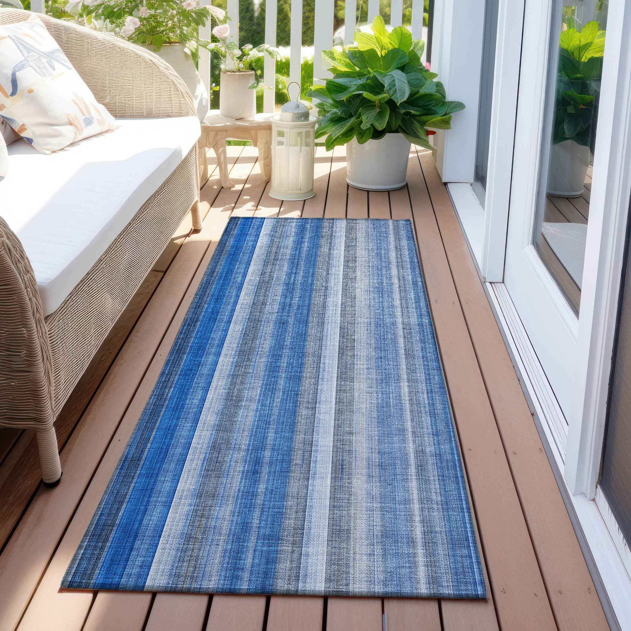 8' Runner Blue Striped Washable Non Skid Indoor Outdoor Runner Rug