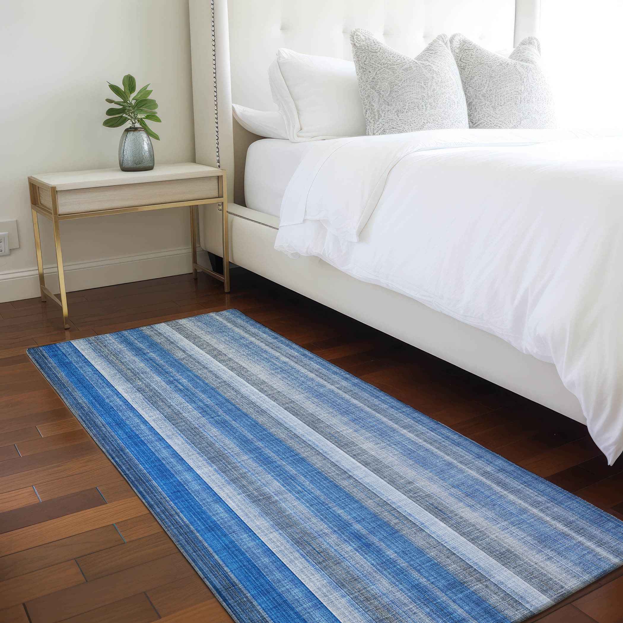 8' Runner Blue Striped Washable Non Skid Indoor Outdoor Runner Rug