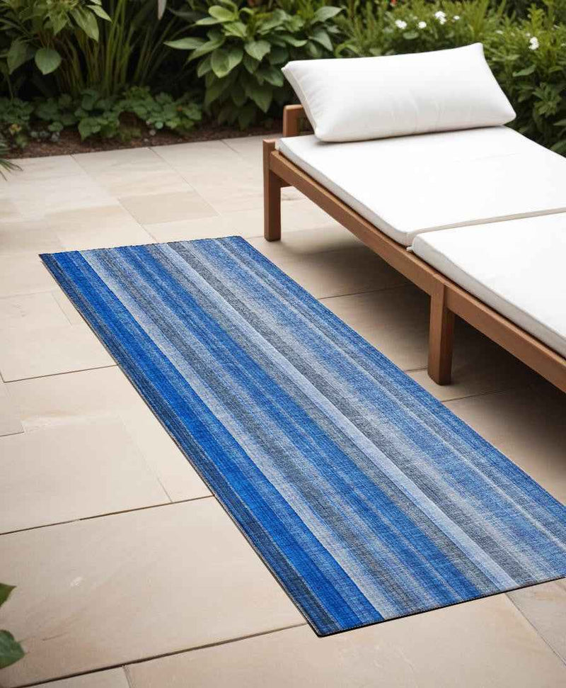 8' Runner Blue Striped Washable Non Skid Indoor Outdoor Runner Rug