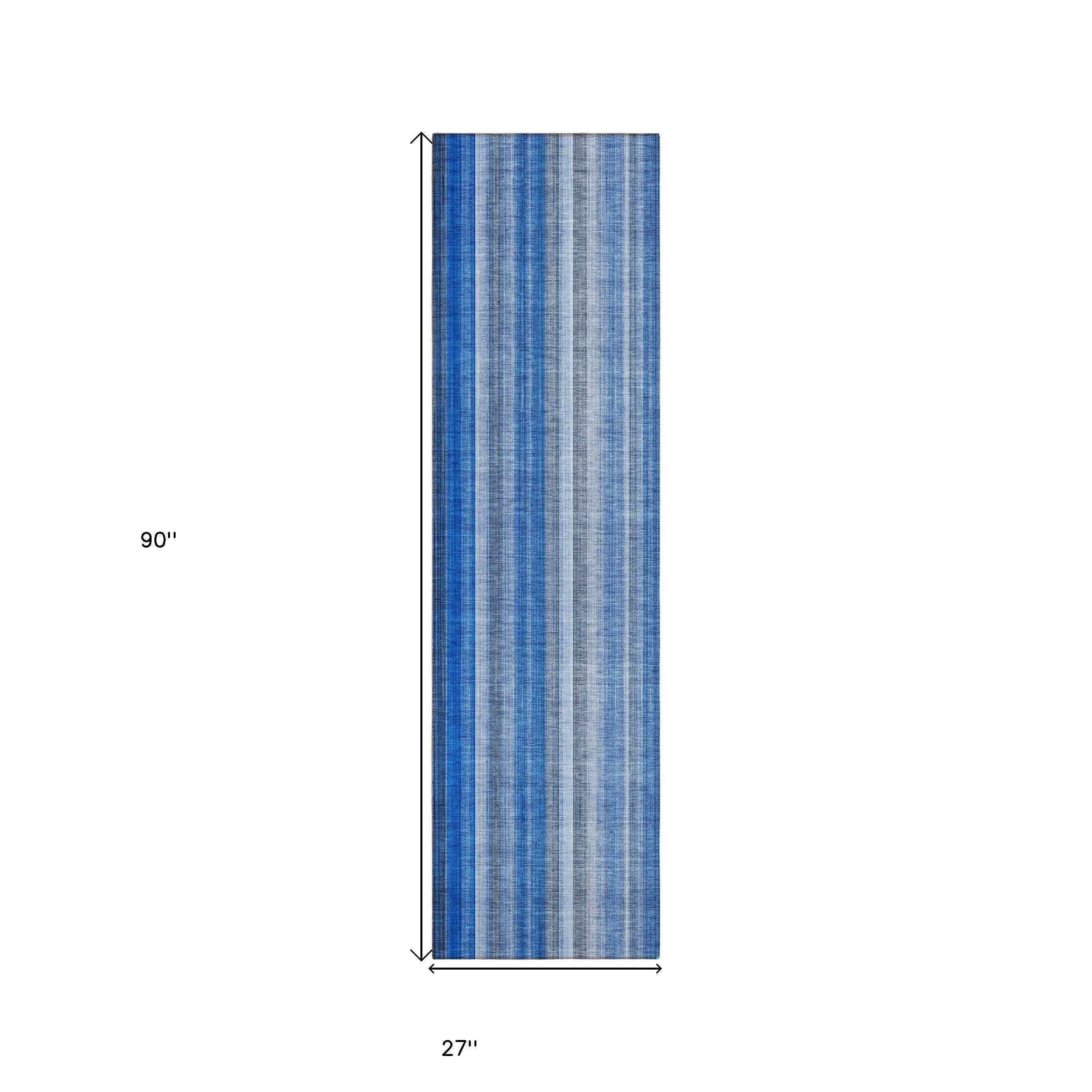 8' Runner Blue Striped Washable Non Skid Indoor Outdoor Runner Rug
