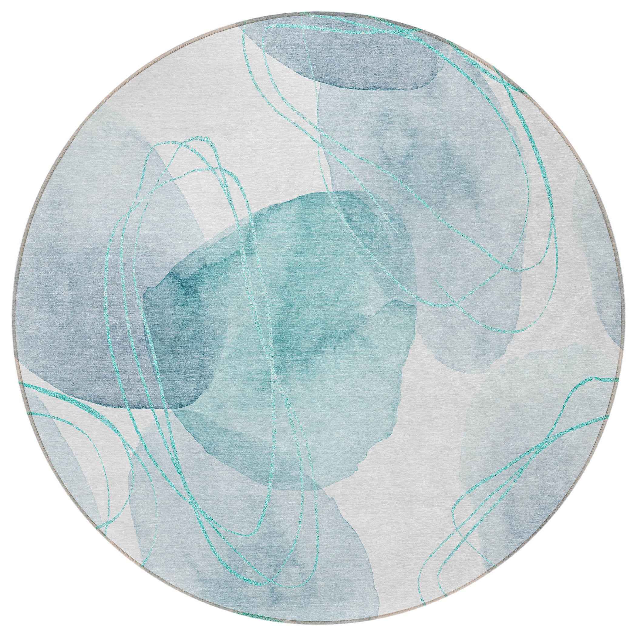 8' Round Teal and Ivory Round Abstract Washable Non Skid Indoor Outdoor Area Rug
