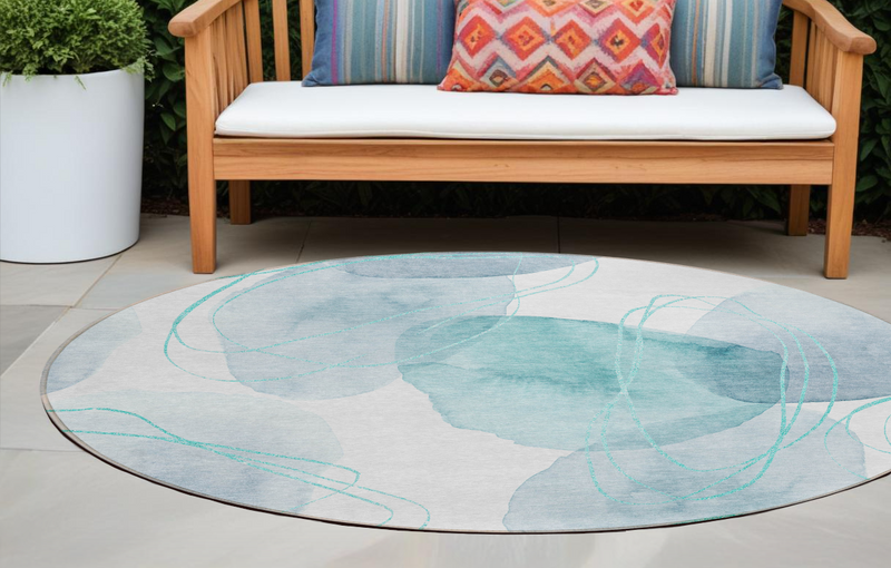 8' Round Teal and Ivory Round Abstract Washable Non Skid Indoor Outdoor Area Rug
