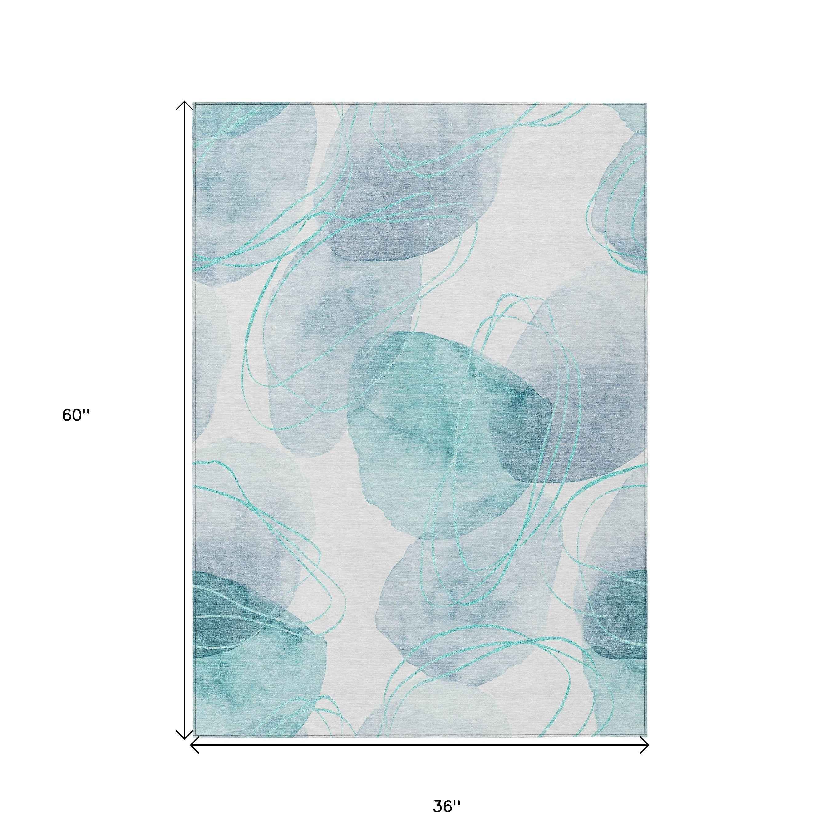 3' X 5' Teal and Ivory Abstract Washable Non Skid Indoor Outdoor Area Rug