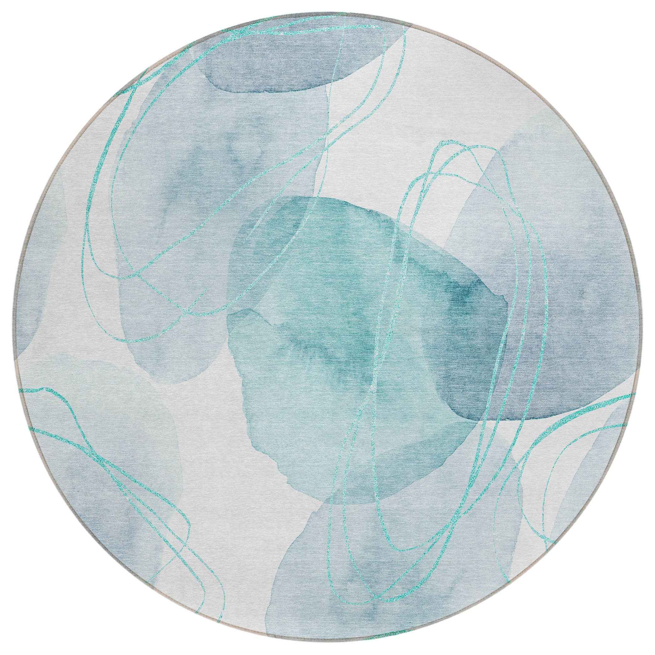 8' Round Teal and Ivory Round Abstract Washable Non Skid Indoor Outdoor Area Rug