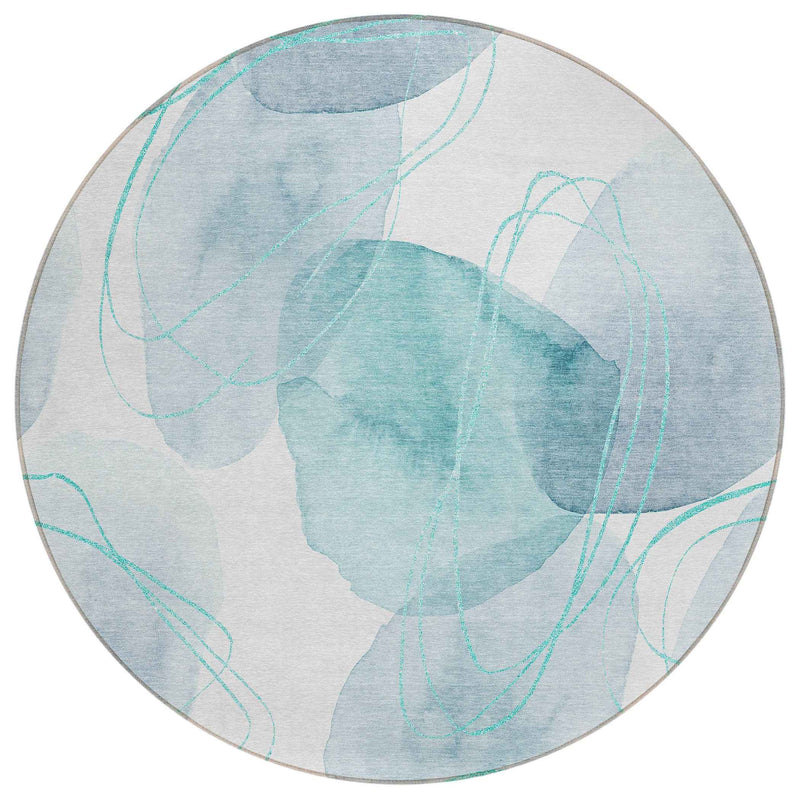 8' Round Teal and Ivory Round Abstract Washable Non Skid Indoor Outdoor Area Rug
