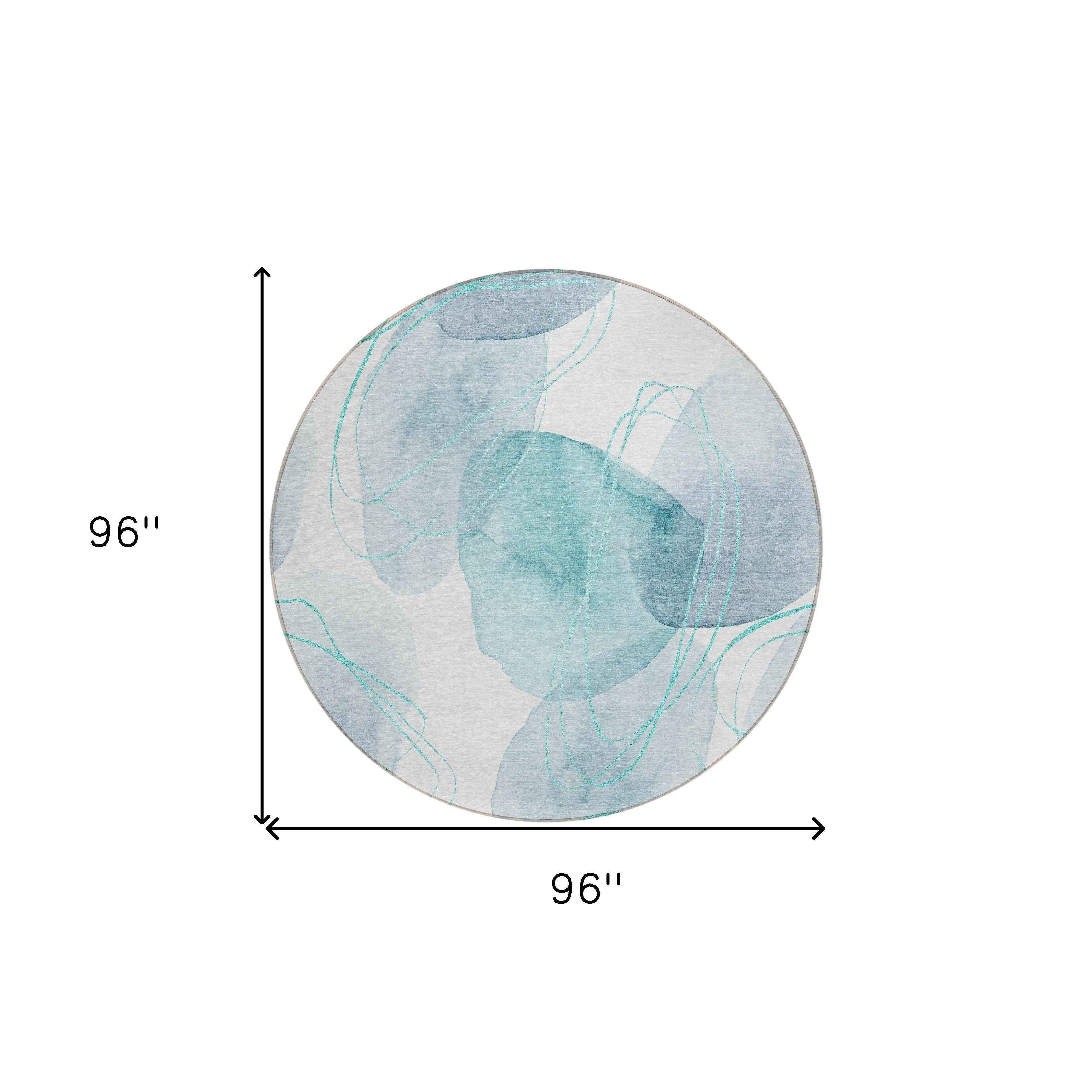8' Round Teal and Ivory Round Abstract Washable Non Skid Indoor Outdoor Area Rug