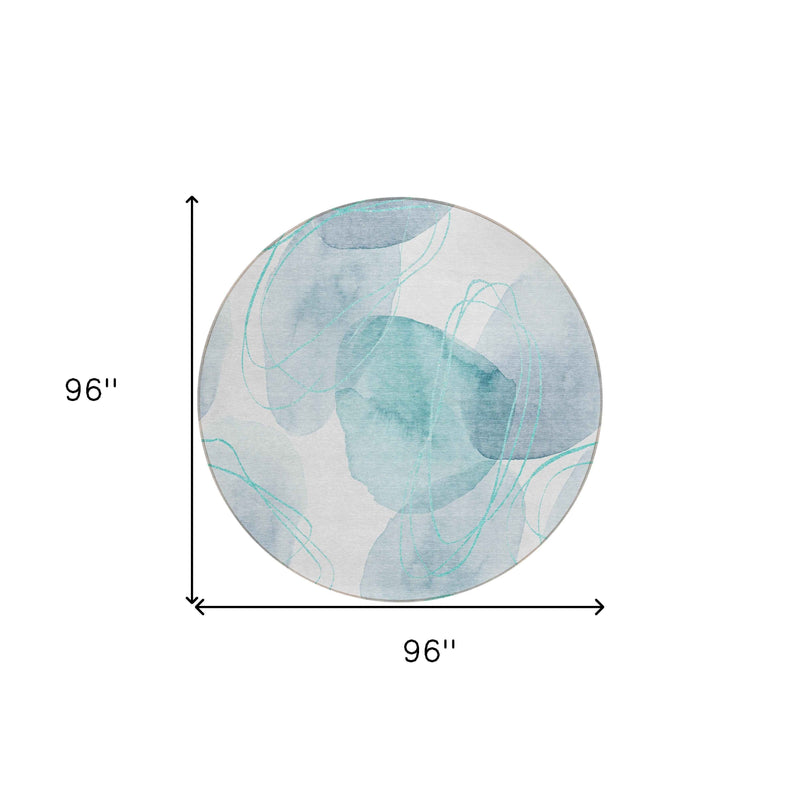 8' Round Teal and Ivory Round Abstract Washable Non Skid Indoor Outdoor Area Rug