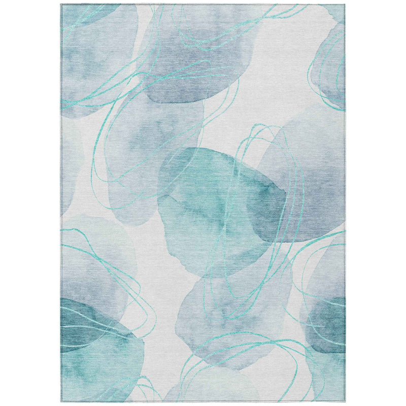 3' X 5' Teal and Ivory Abstract Washable Non Skid Indoor Outdoor Area Rug