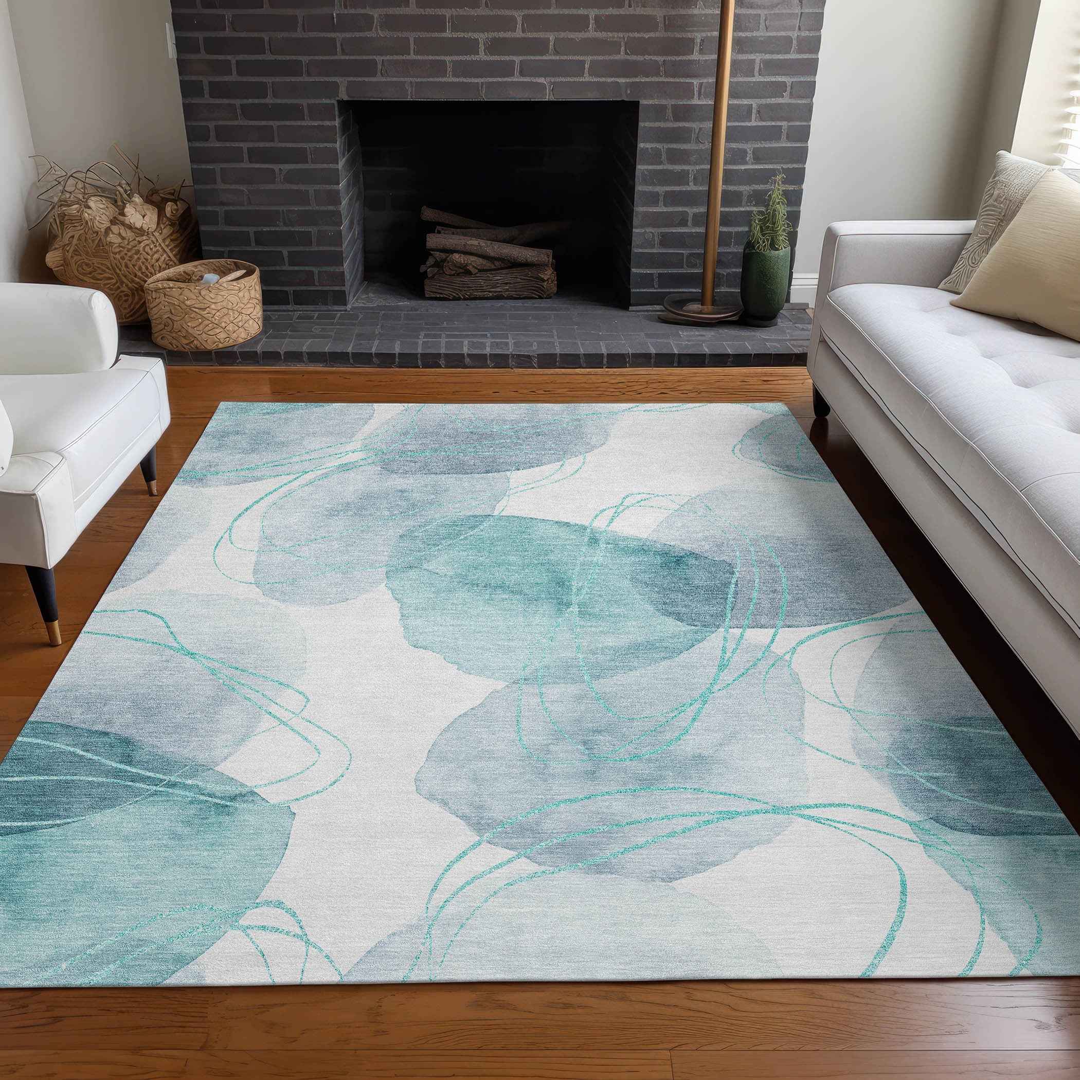 3' X 5' Teal and Ivory Abstract Washable Non Skid Indoor Outdoor Area Rug