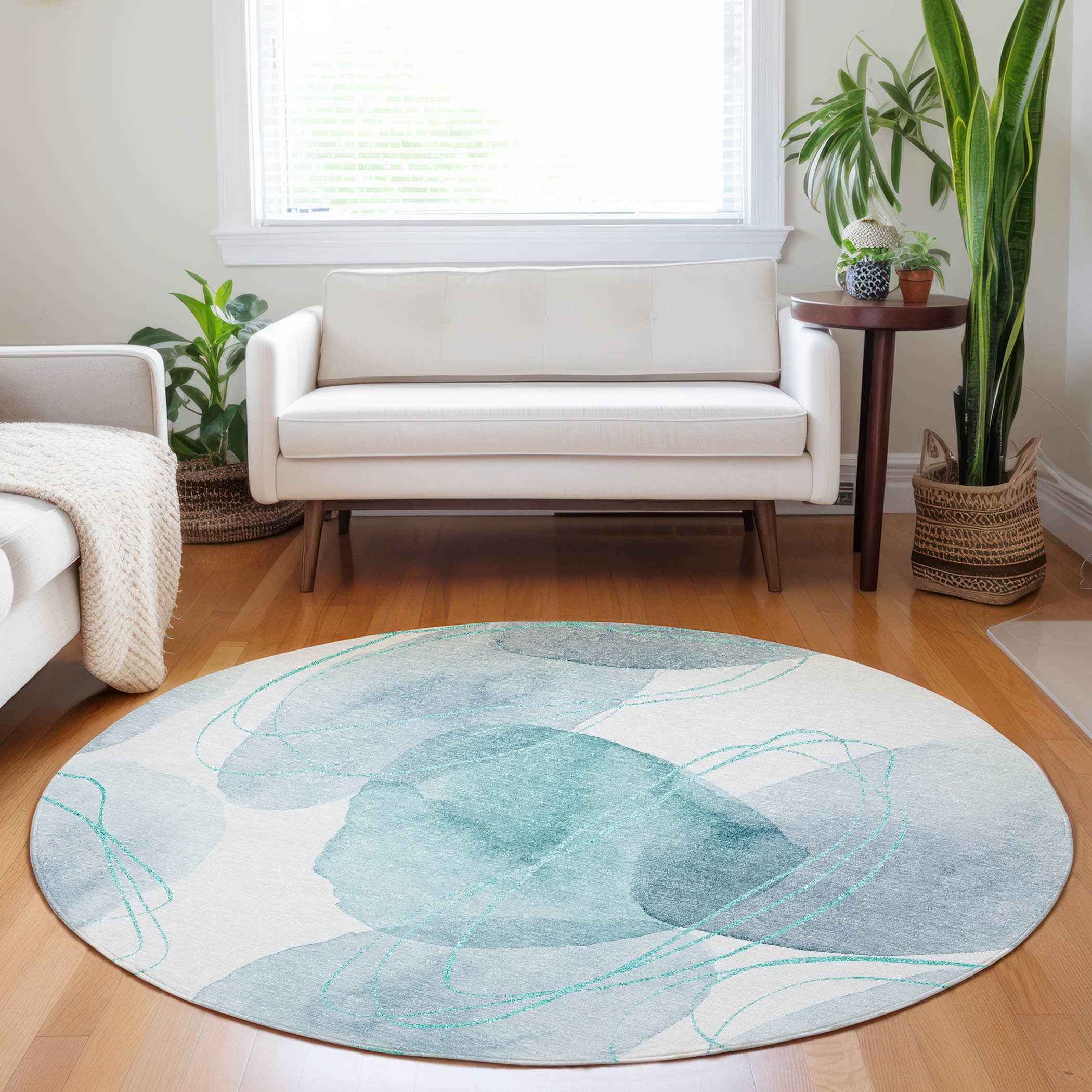 8' Round Teal and Ivory Round Abstract Washable Non Skid Indoor Outdoor Area Rug