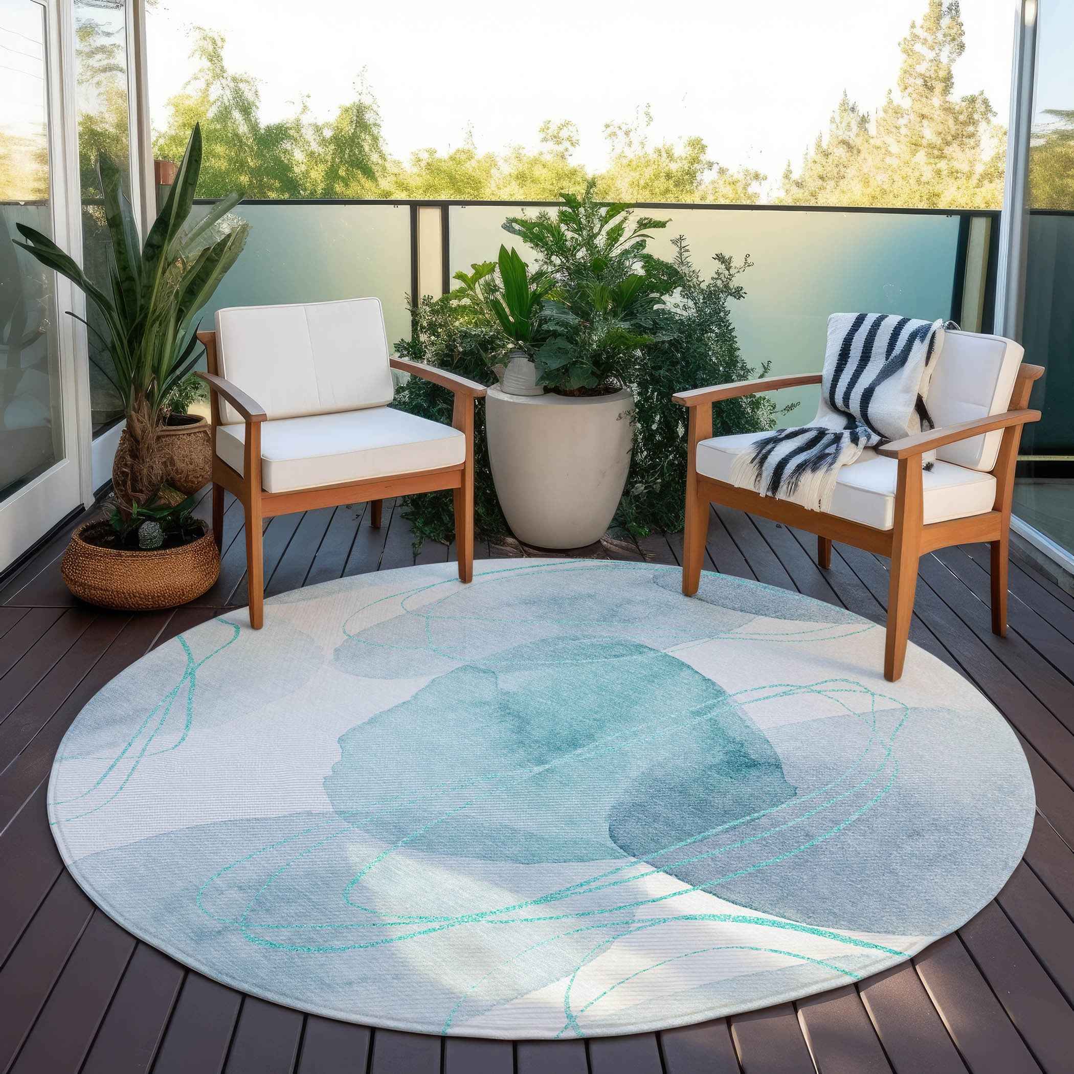 8' Round Teal and Ivory Round Abstract Washable Non Skid Indoor Outdoor Area Rug