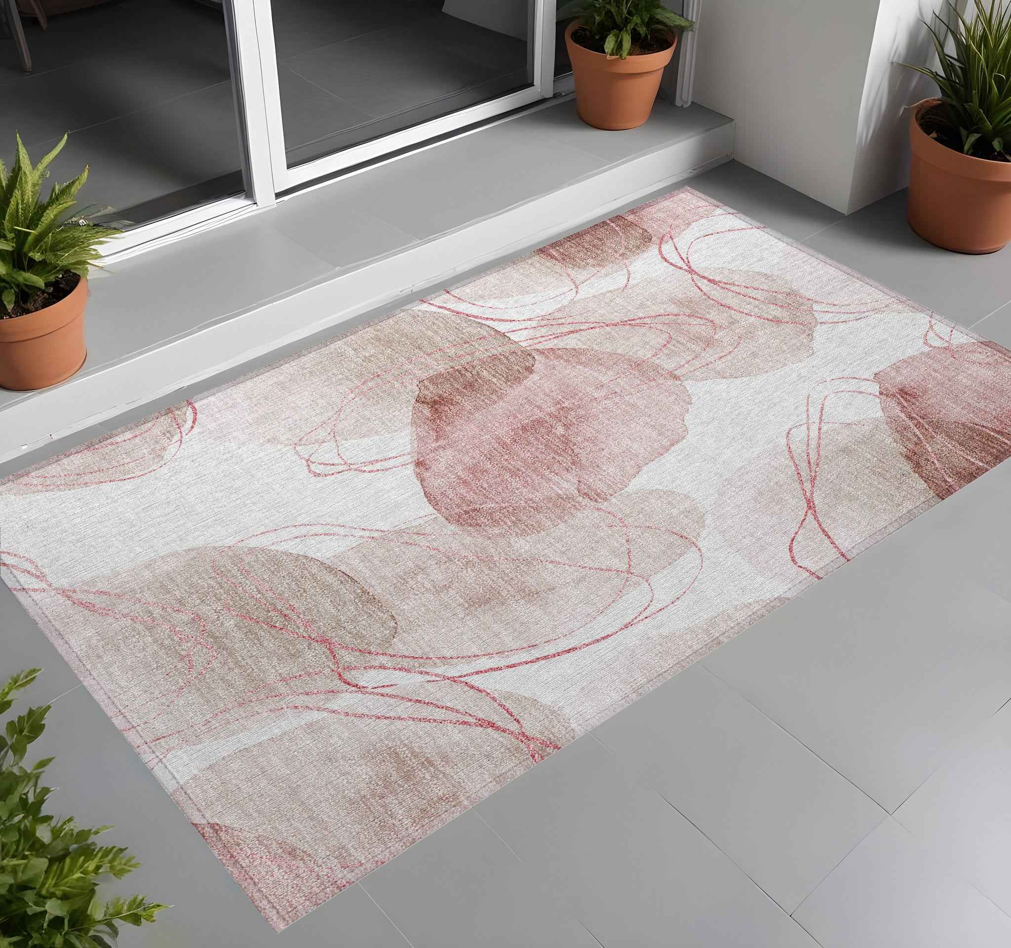 3' X 5' Merlot and Ivory Abstract Washable Non Skid Indoor Outdoor Area Rug