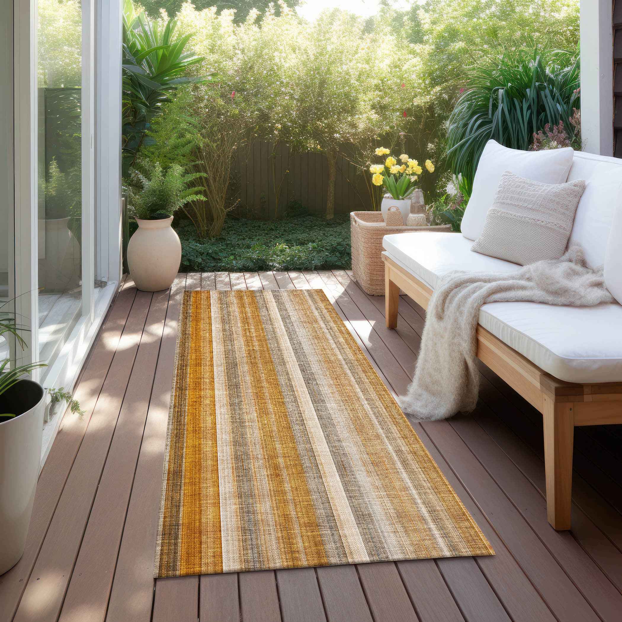 2' X 8' Orange Ivory and Gray Striped Washable Non Skid Indoor Outdoor Runner Rug