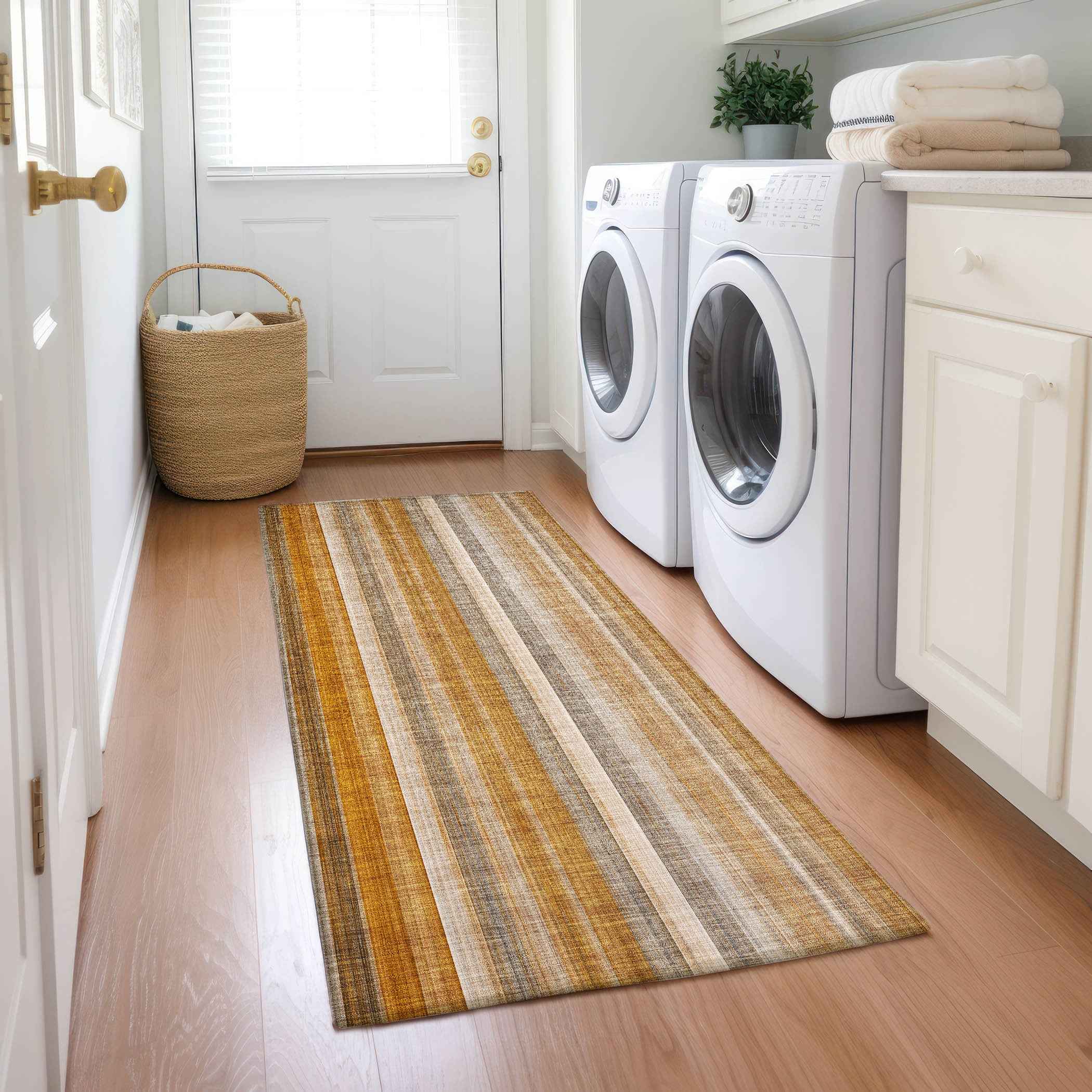 2' X 8' Orange Ivory and Gray Striped Washable Non Skid Indoor Outdoor Runner Rug