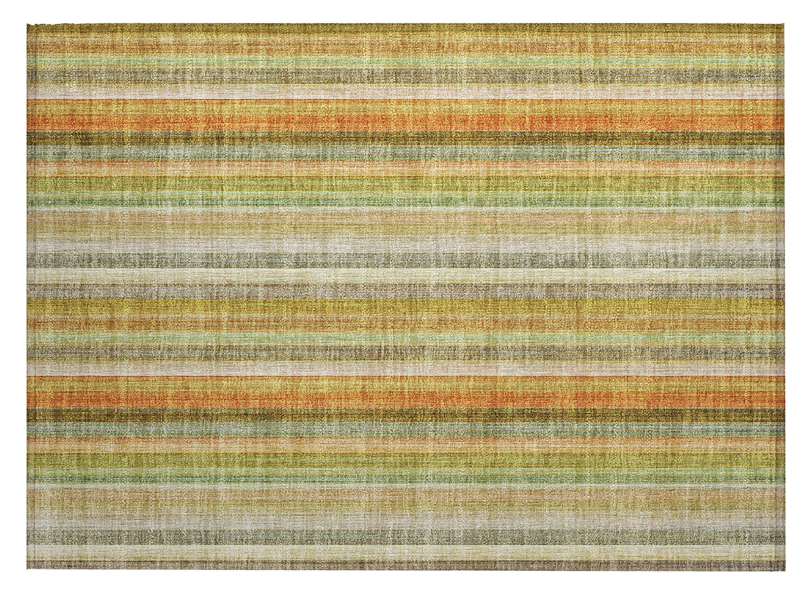2' X 3' Tan Orange and Green Striped Washable Non Skid Indoor Outdoor Area Rug