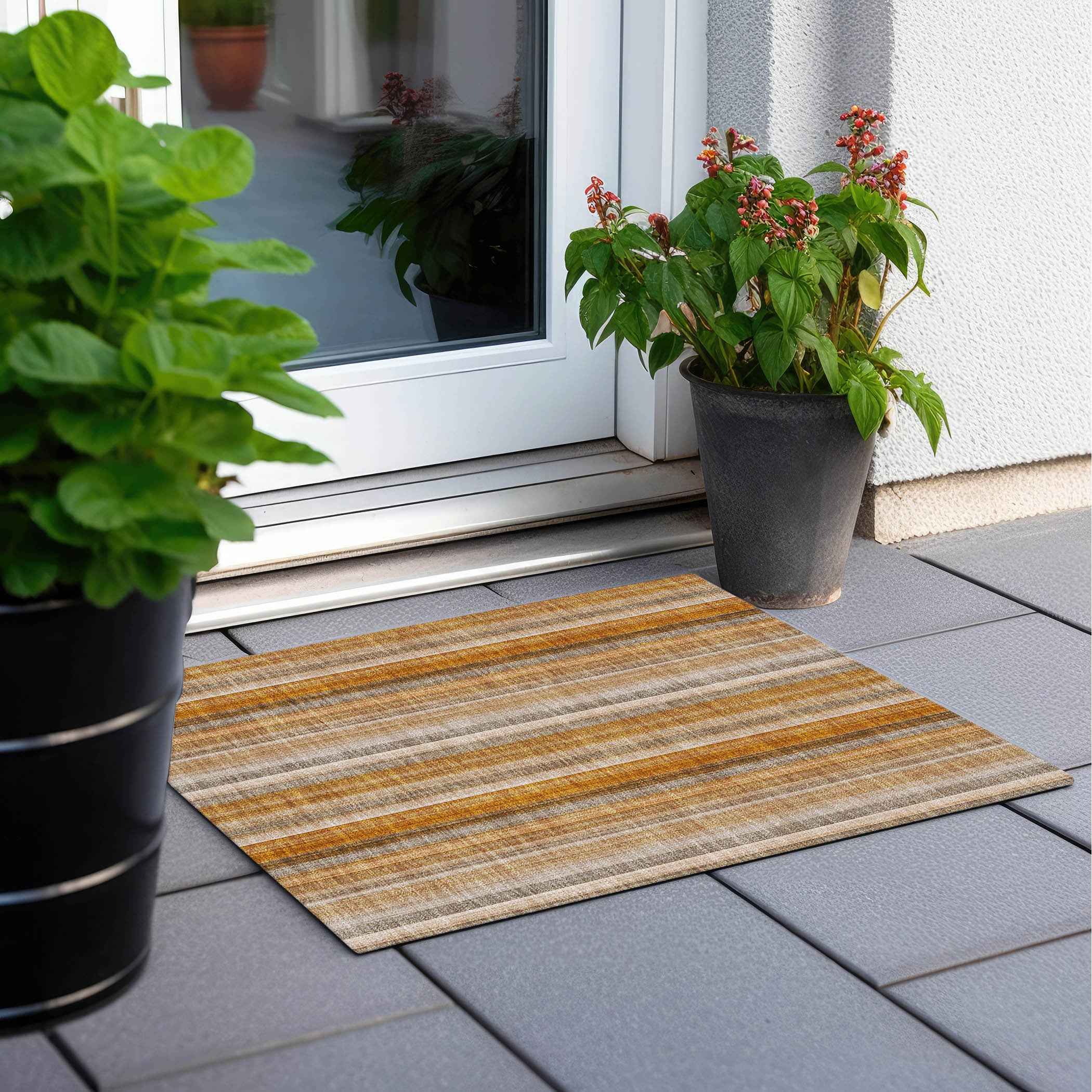2' X 3' Orange Ivory and Gray Striped Washable Non Skid Indoor Outdoor Area Rug