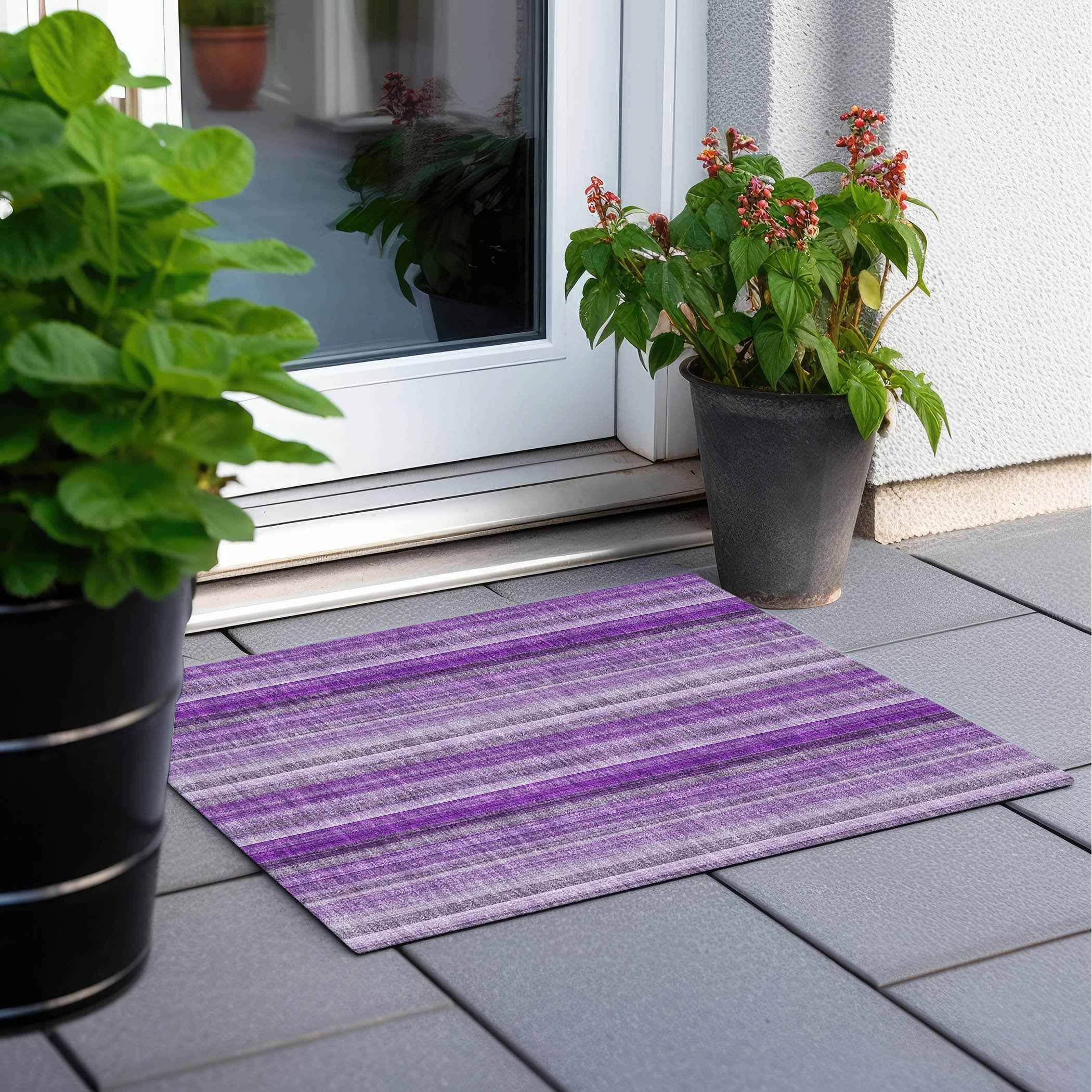 2' X 3' Purple Striped Washable Non Skid Indoor Outdoor Area Rug