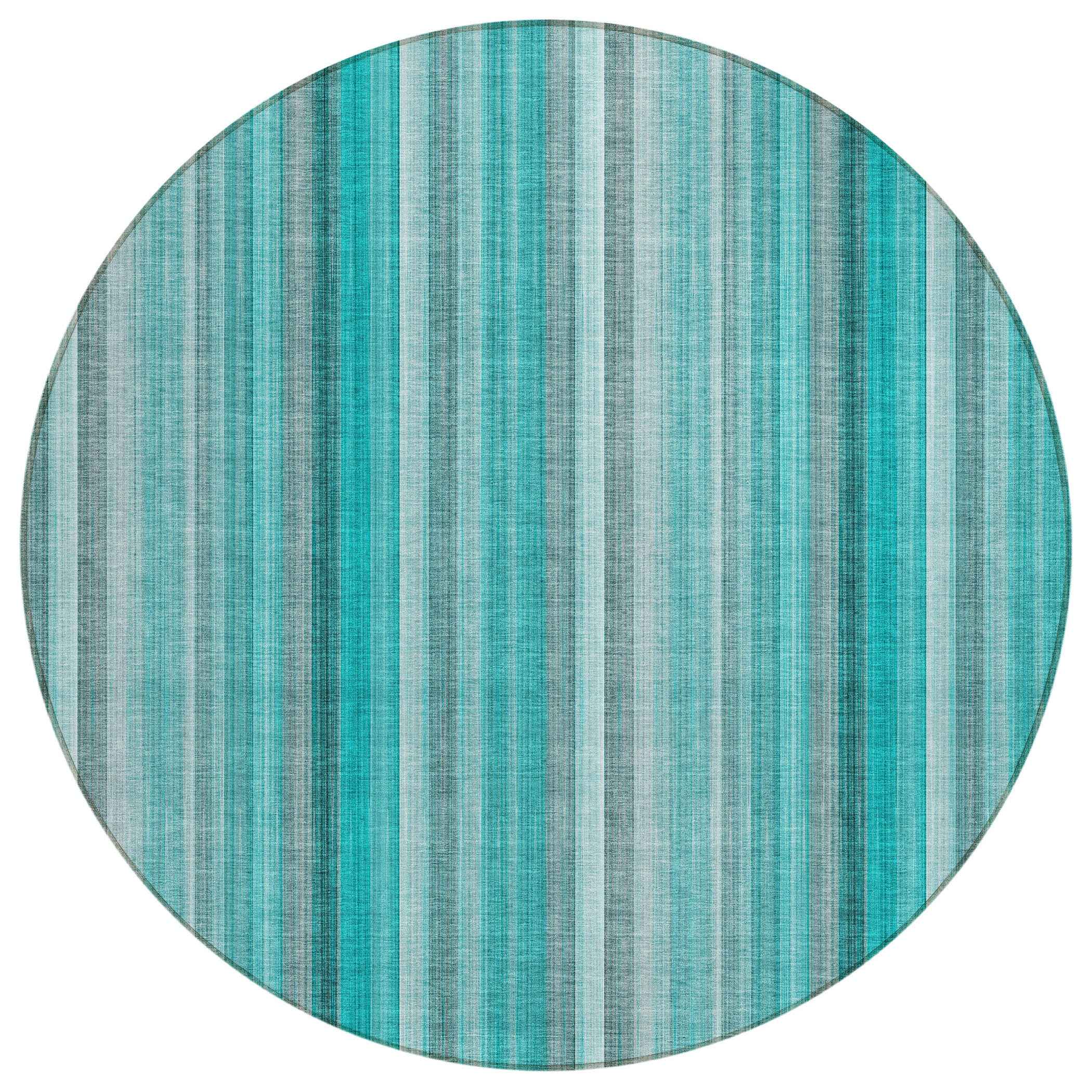 8' Round Teal and Gray Round Striped Washable Non Skid Indoor Outdoor Area Rug