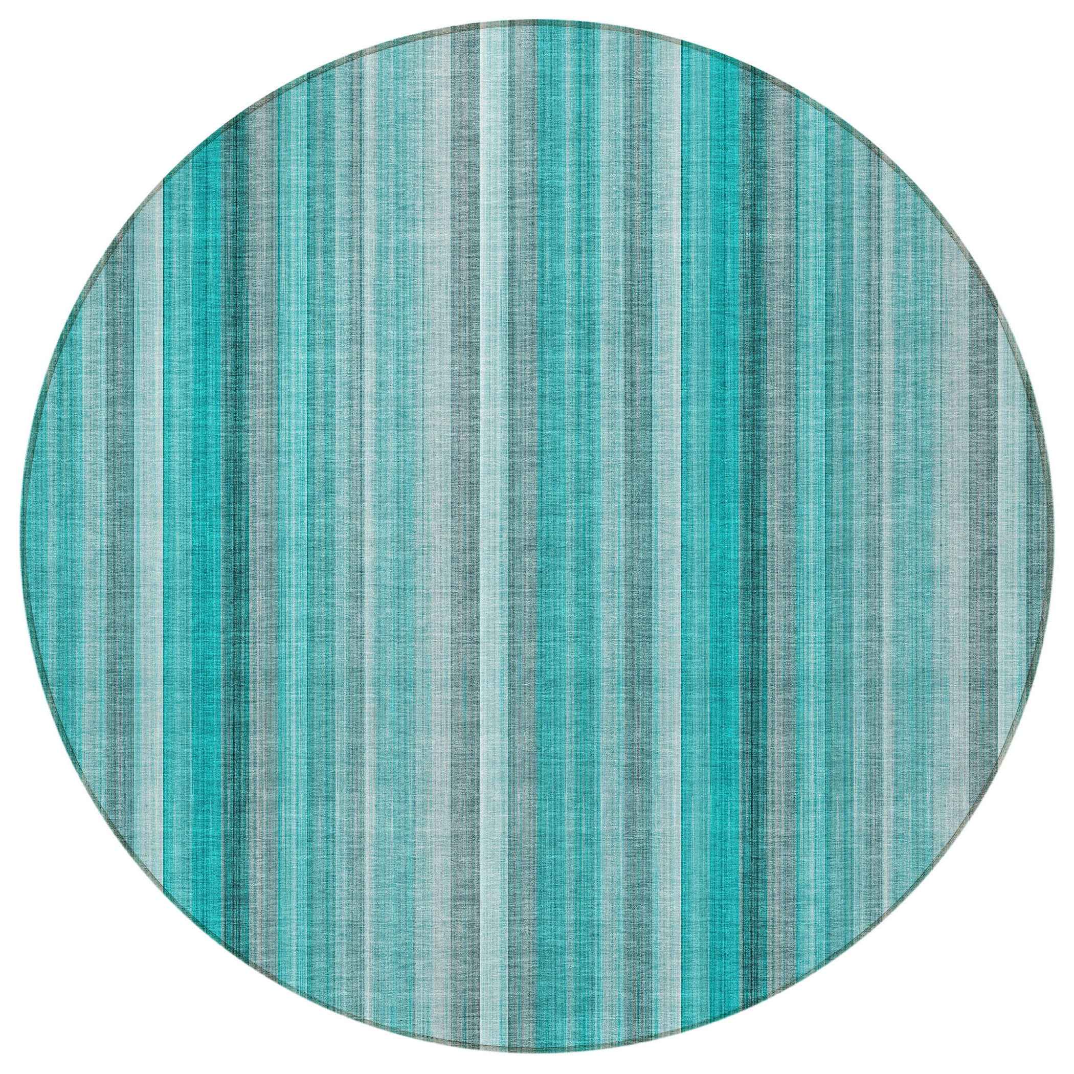 8' Round Teal and Gray Round Striped Washable Non Skid Indoor Outdoor Area Rug