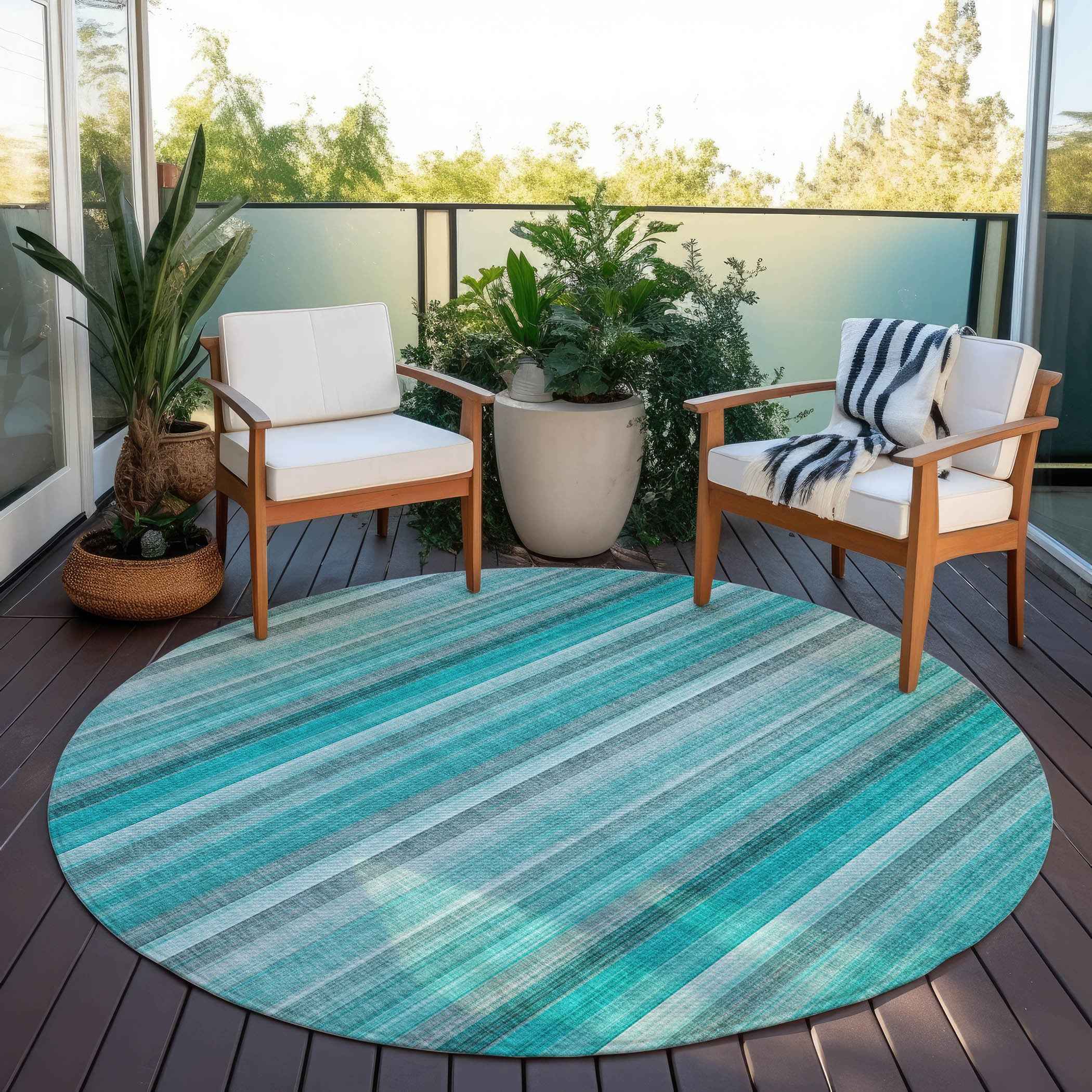 8' Round Teal and Gray Round Striped Washable Non Skid Indoor Outdoor Area Rug