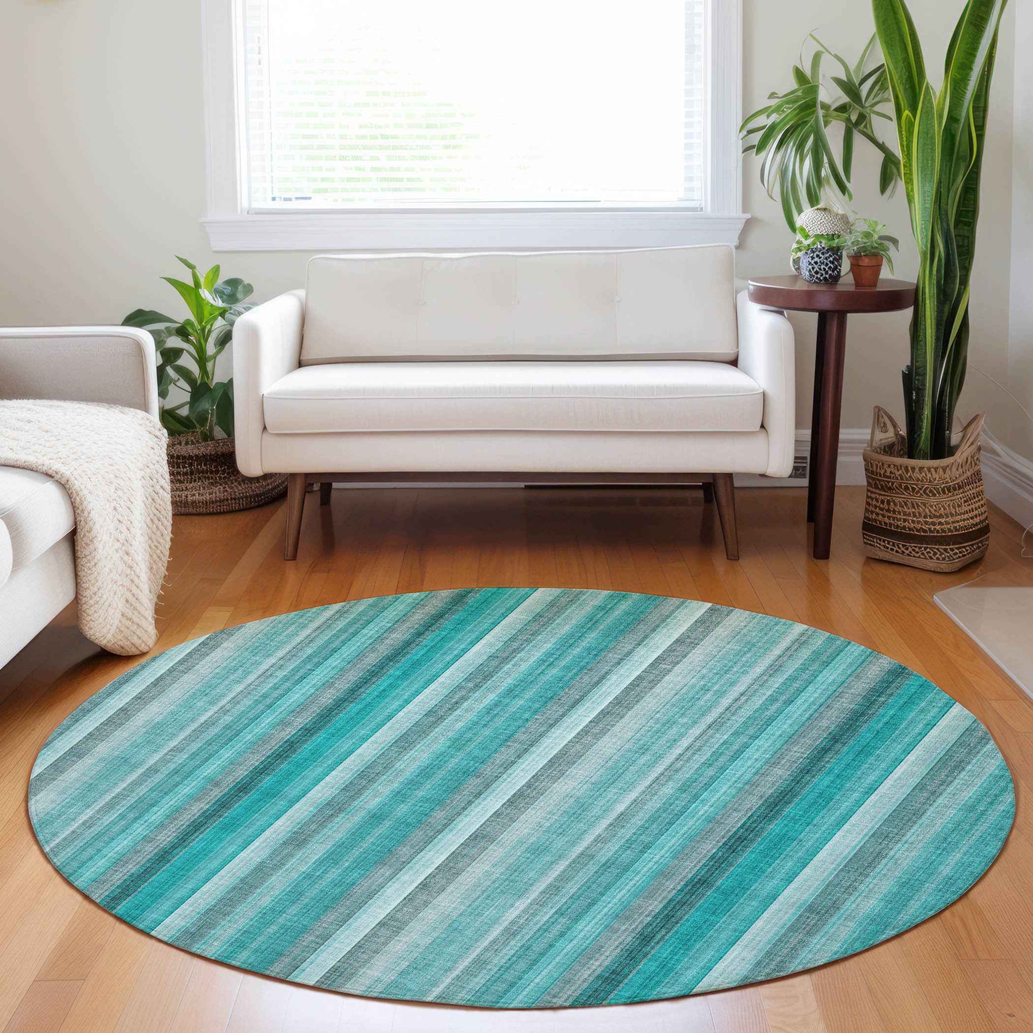 8' Round Teal and Gray Round Striped Washable Non Skid Indoor Outdoor Area Rug