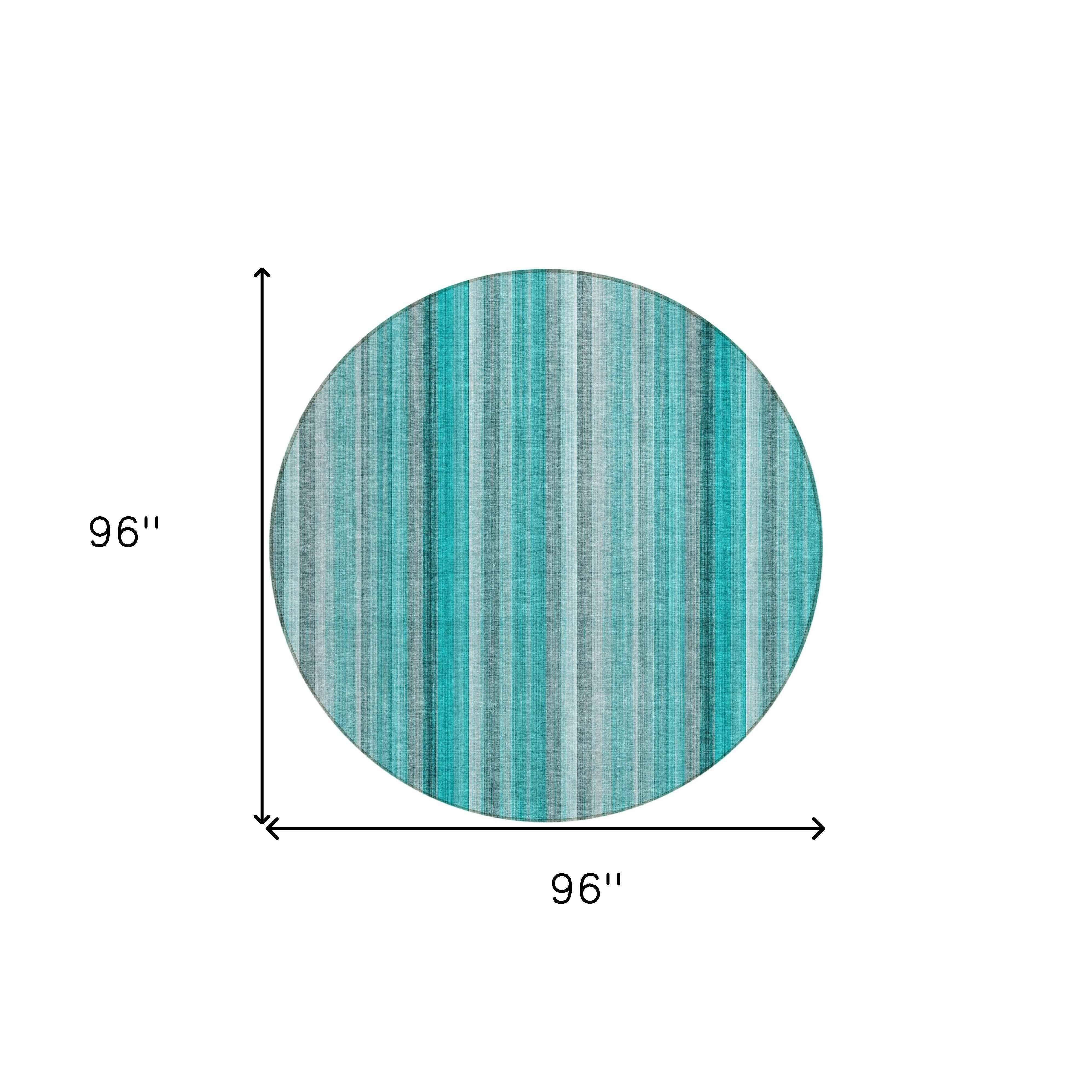 8' Round Teal and Gray Round Striped Washable Non Skid Indoor Outdoor Area Rug
