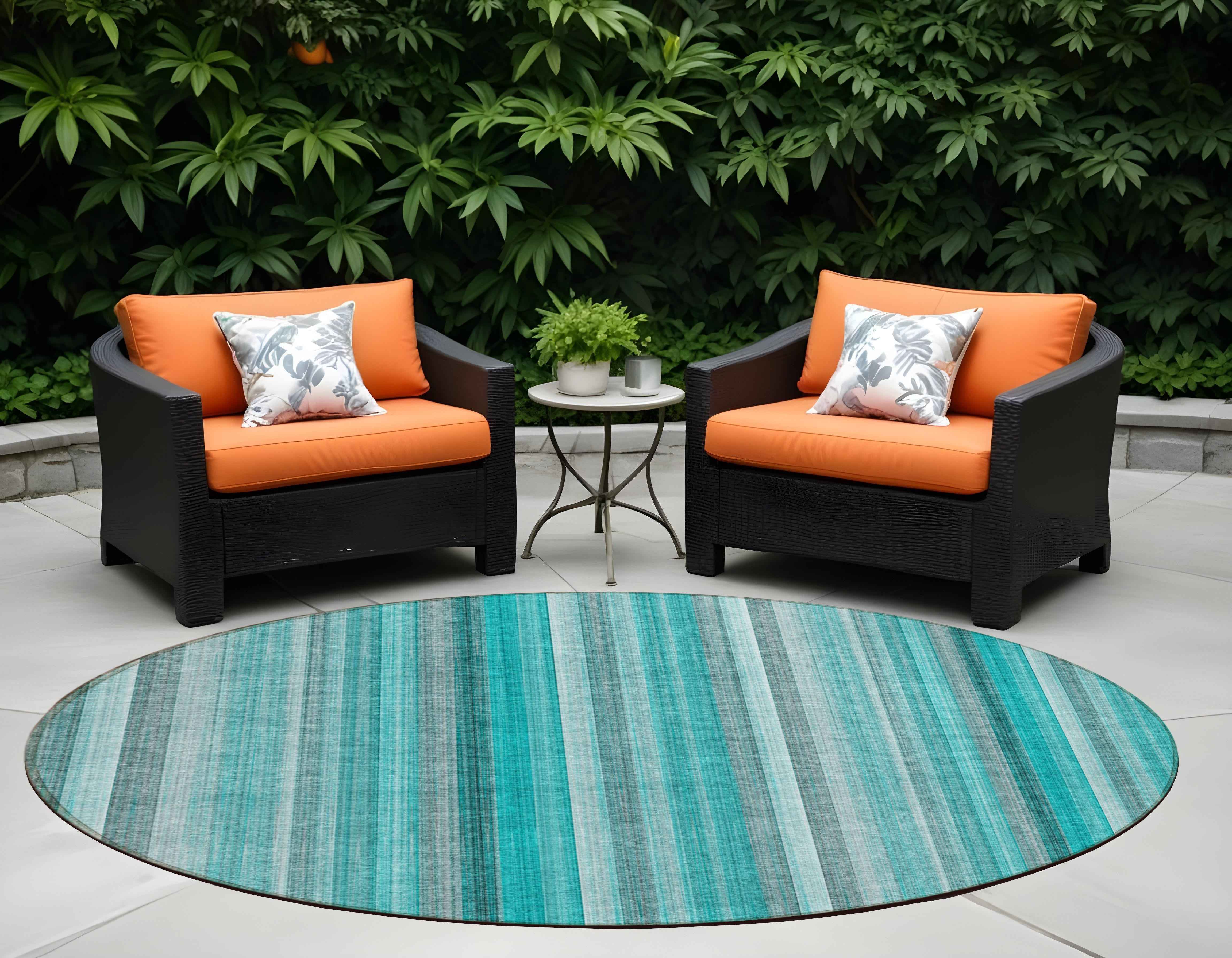 8' Round Teal and Gray Round Striped Washable Non Skid Indoor Outdoor Area Rug