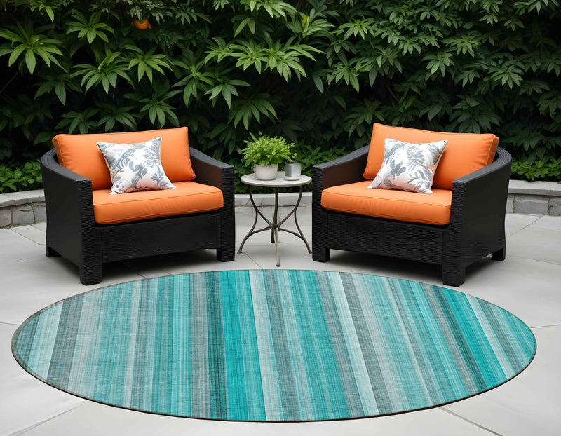 8' Round Teal and Gray Round Striped Washable Non Skid Indoor Outdoor Area Rug