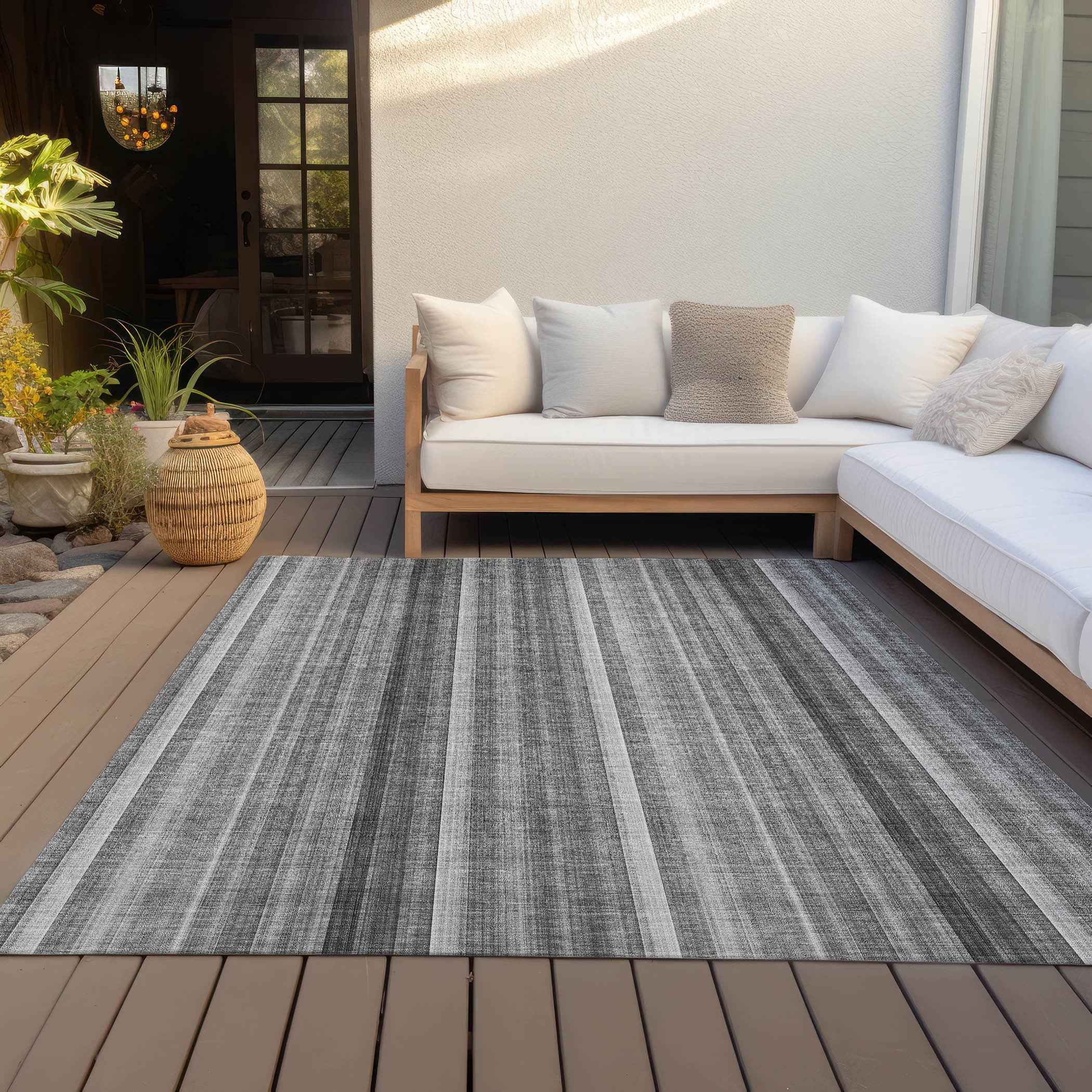 9' X 12' Gray Striped Washable Non Skid Indoor Outdoor Area Rug
