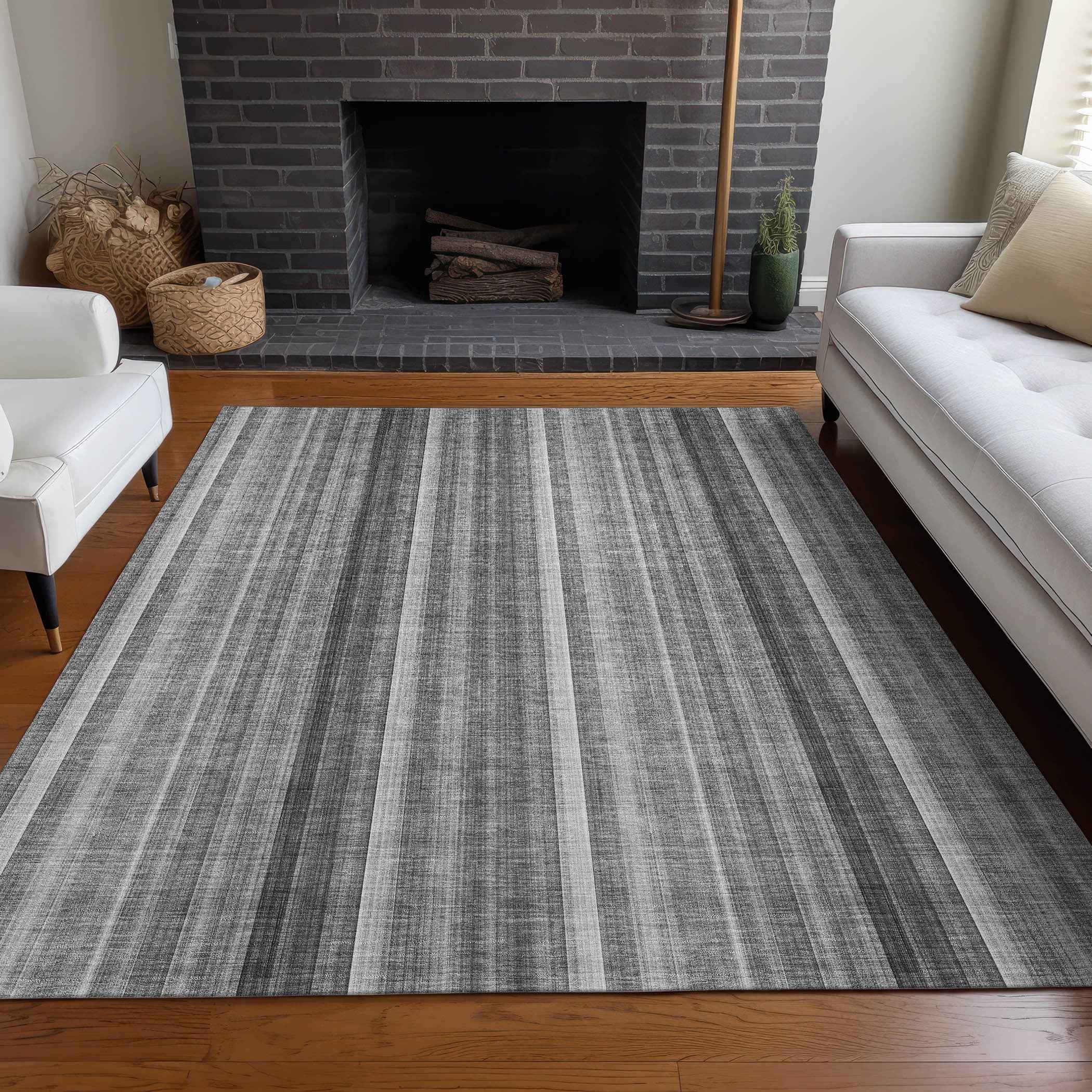 9' X 12' Gray Striped Washable Non Skid Indoor Outdoor Area Rug